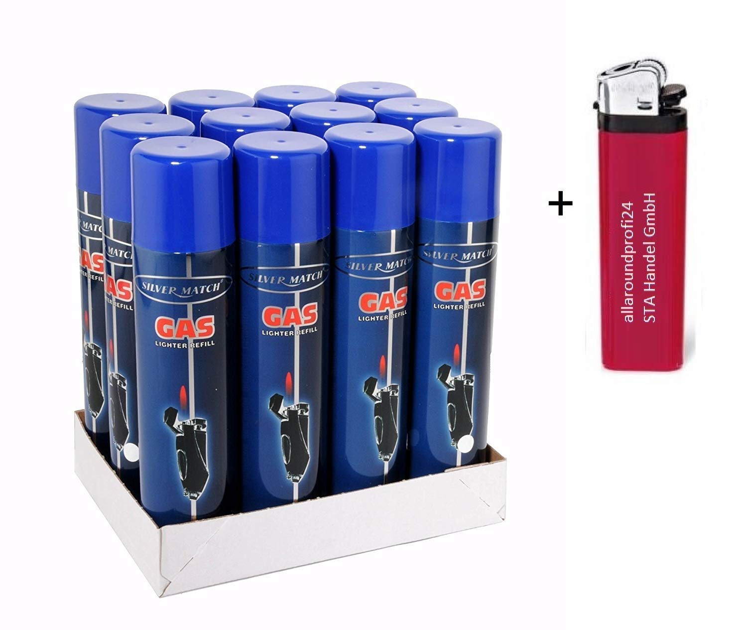 Gas per accendino, 12 x 300 ml, ricarica universale, impurità vicine allo zero + 1 accendino "allaroundprofi24"