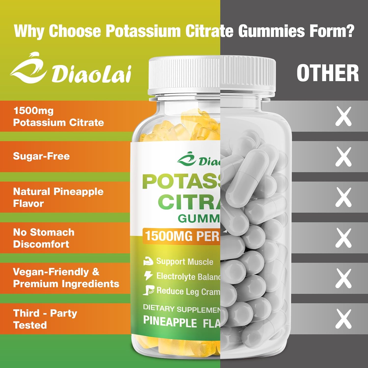 Potassium Citrate 1500mg Gummies - Potassium Supplement for Women & Men, Supports Leg Cramp Relief & Muscle Health, Vegan, Pineapple Flavor (60 Count) - Image 6