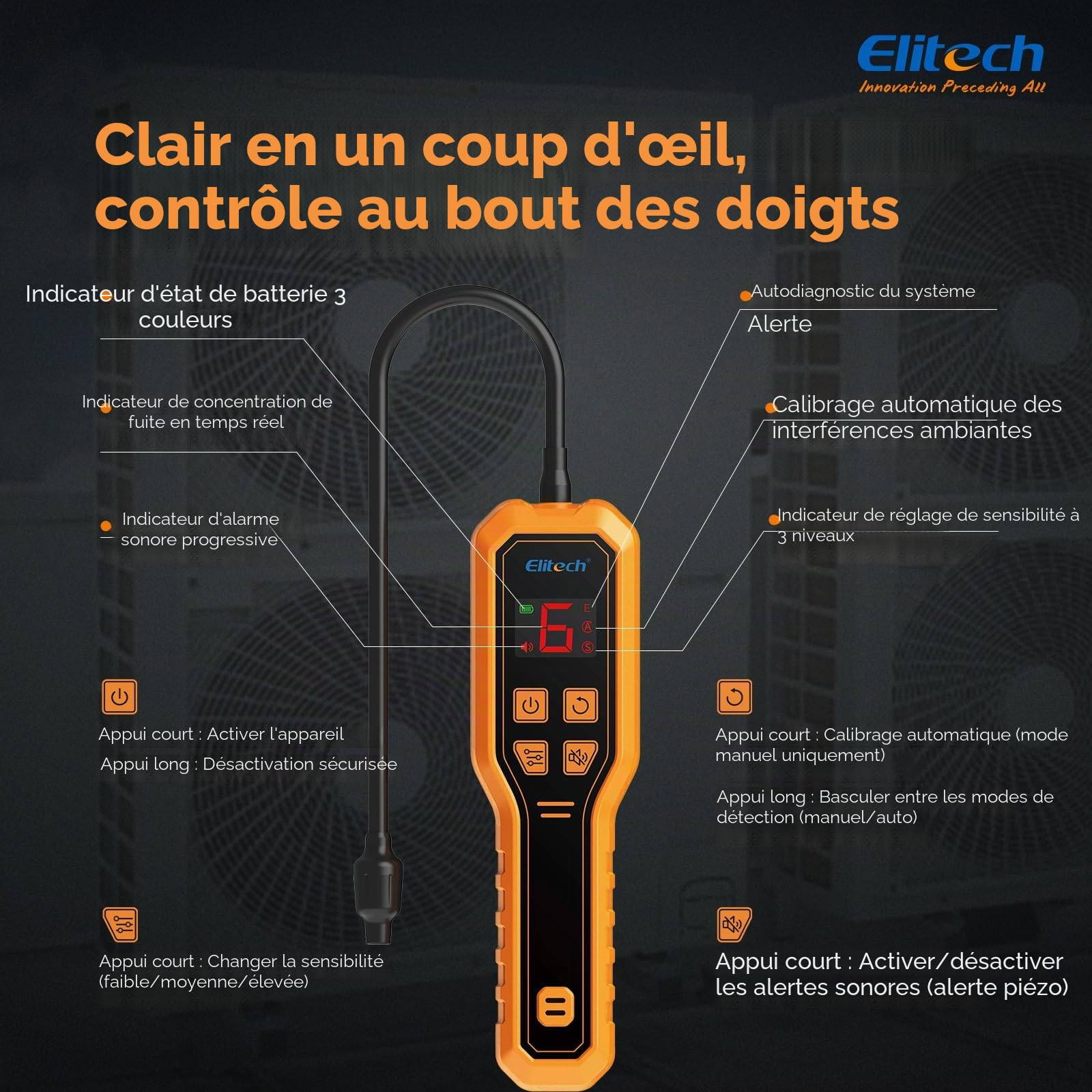 Elitech Détecteur de Fuite Frigorigène Réfrigérant à Diode R32 R134a R1234yf Détecteur de Gaz HVAC pour Réfrigérateurs Climatiseurs Automobile Pompes à Chaleur, ELD-210