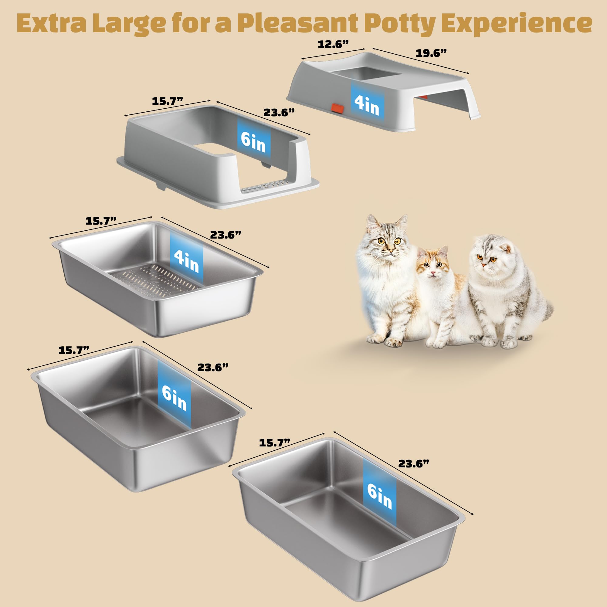 Tom & Sora Creations Stainless Steel Sifting Litter Box, Sifting Cat Litter Box for Pine Pellets and Clay Litter, Multifunctional, Low Maintenance, Odor Free, Leak Free, Enclosed, XL, Grey - image 7