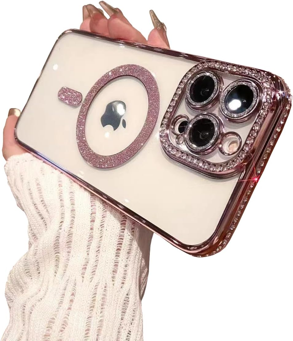 Fycyko for iPhone 14 Pro Max Case Magnetic Glitter Full Camera Len Protector[Compatible with MagSafe] Clear Diamond Rhinestone Shockproof Cute Crystal Bling Case for 14 Pro Max 6.7''-Rose Gold