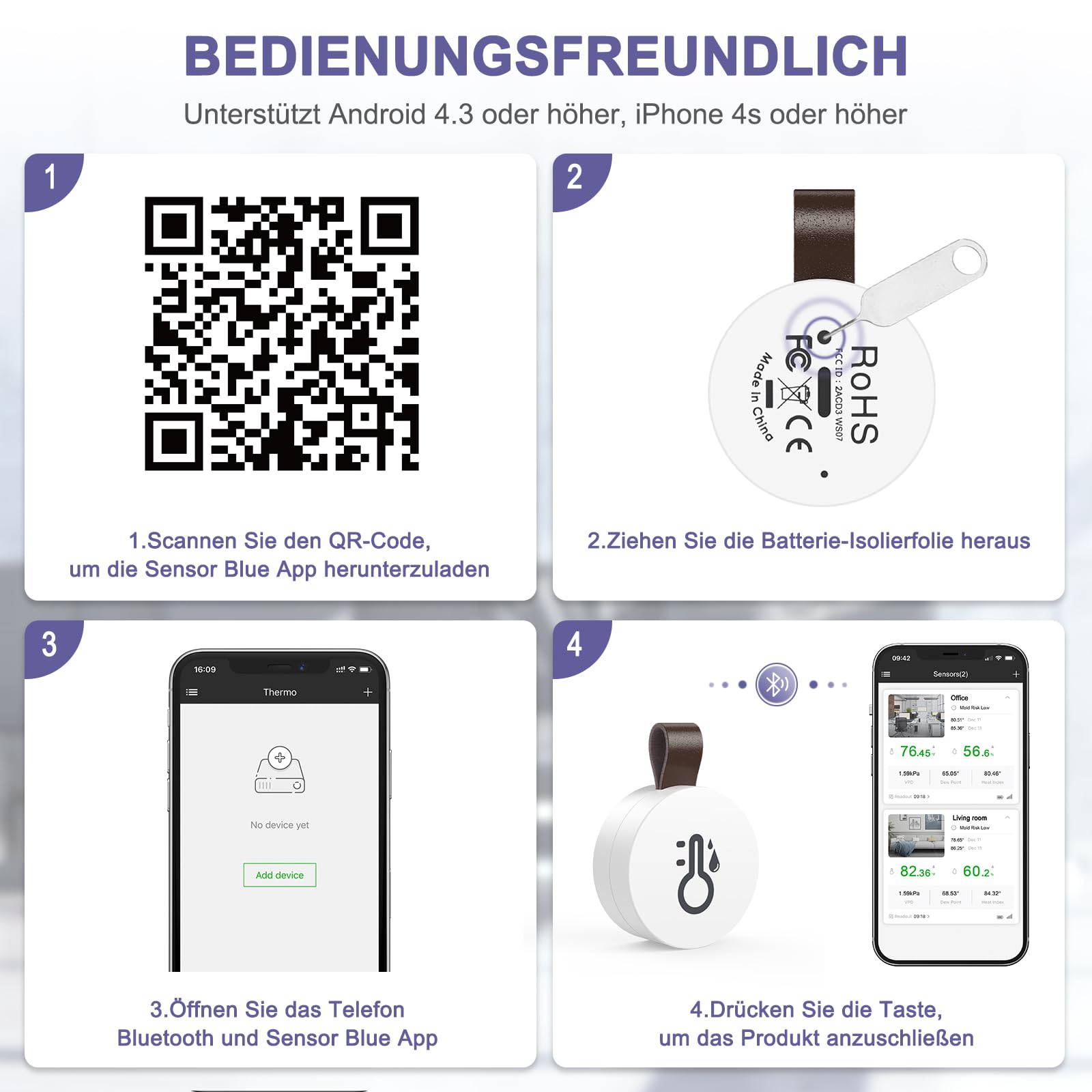 Termometr Bluetooth Higrometr, miernik temperatury i wilgotności powietrza z aplikacją i przechowywaniem danych, cyfrowy czujnik temperatury i wilgotności do biura, szklarni, piwnicy na wino, 2