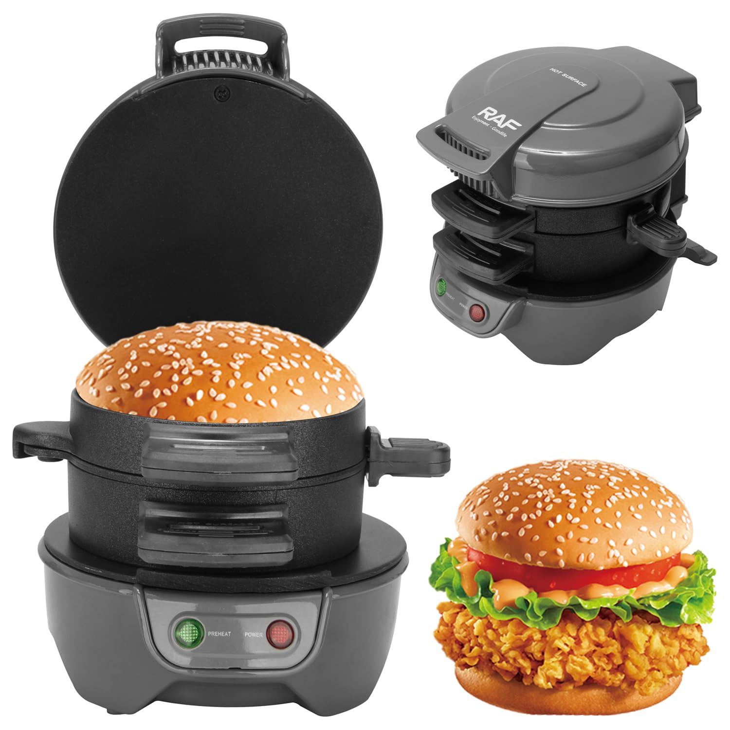 HENYEER Sandwich Toaster Burger Maker, con anelli per uova e timer, efficienti piastre riscaldanti antiaderenti con rivestimento in ceramica antiaderente, perfette per hamburger, etc (Grigio)