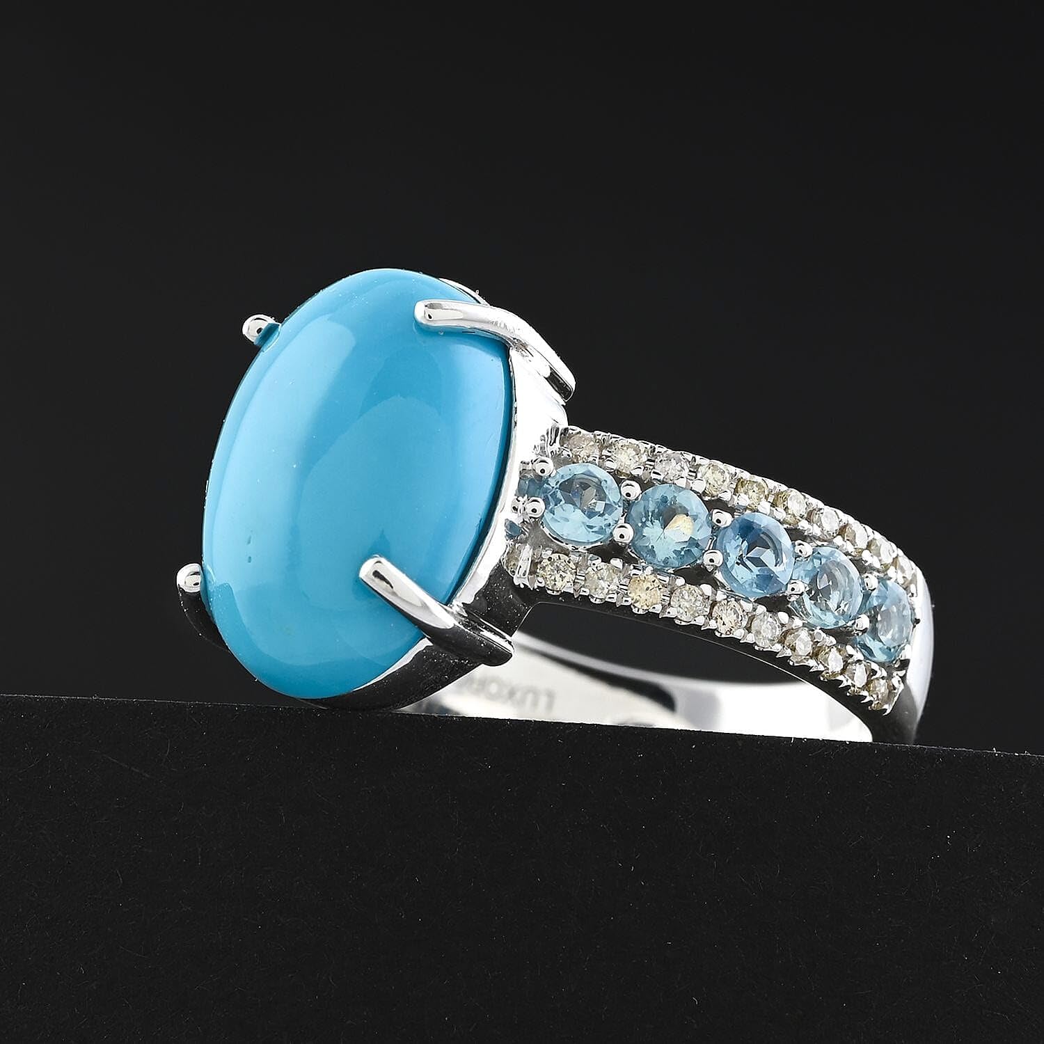 LUXORO Sleeping Beauty Turquoise Blue Aquamarine Oval 10K White Gold Ring for Women Jewelry Birthday Christmas Gifts Size 6 Ct 4.43