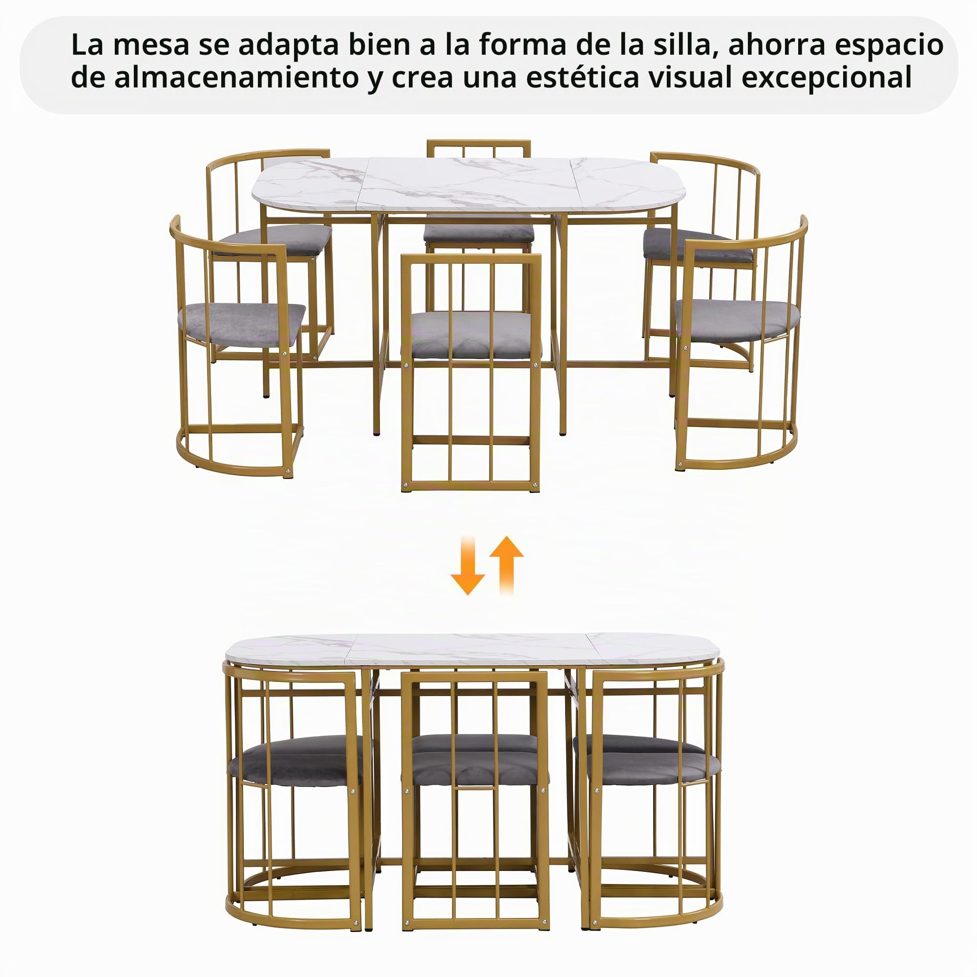 Juego de mesa de comedor blanco, sillas con 6 respaldos y tapicería gris, estructura de hierro chapado en oro, mesa de comedor y juego de sillas, moderno