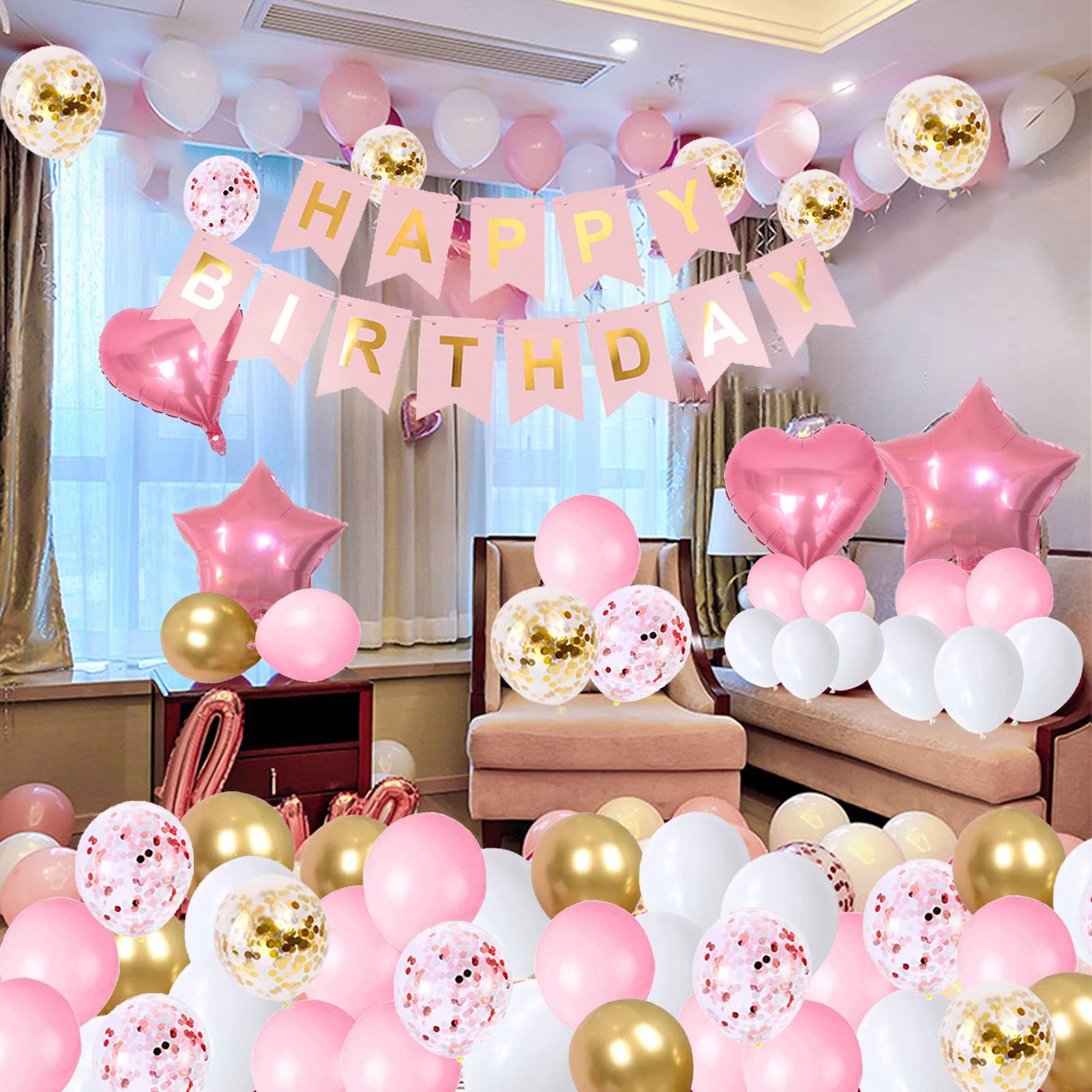 Pink Gold Birthday Decorations, Birthday Decorations for Girls with Happy Birthday Banner, Fringe Curtains, Hanging Swirls, Star Heart Pink Gold Confetti Balloons for Princess Birthday Party Decor