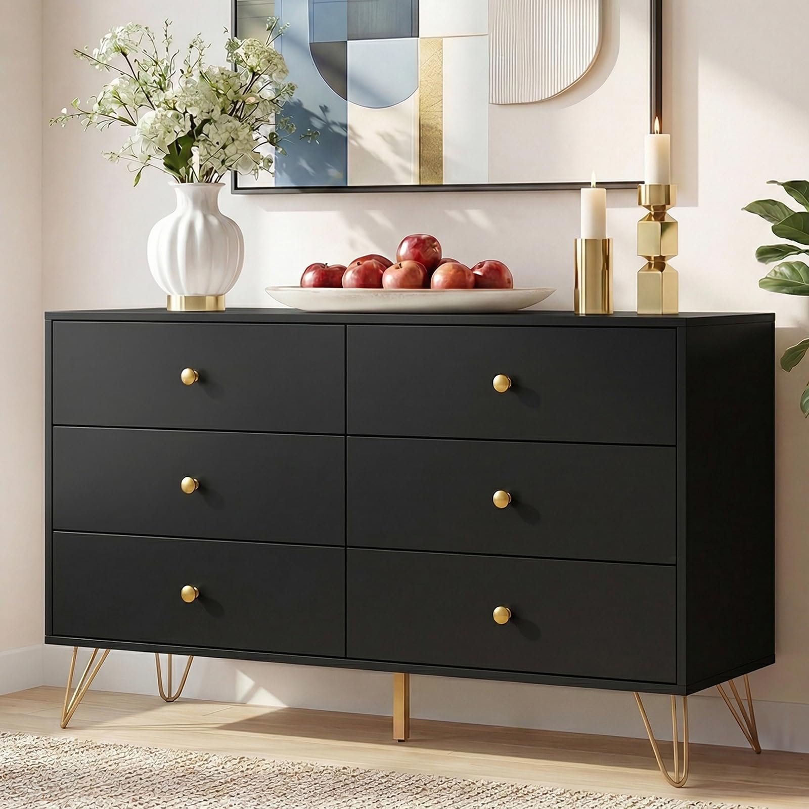 black & gold dresser Lif 50 Inch Modern 5 Drawer Tall Dresser Chest, Gold Accents, Smooth Black