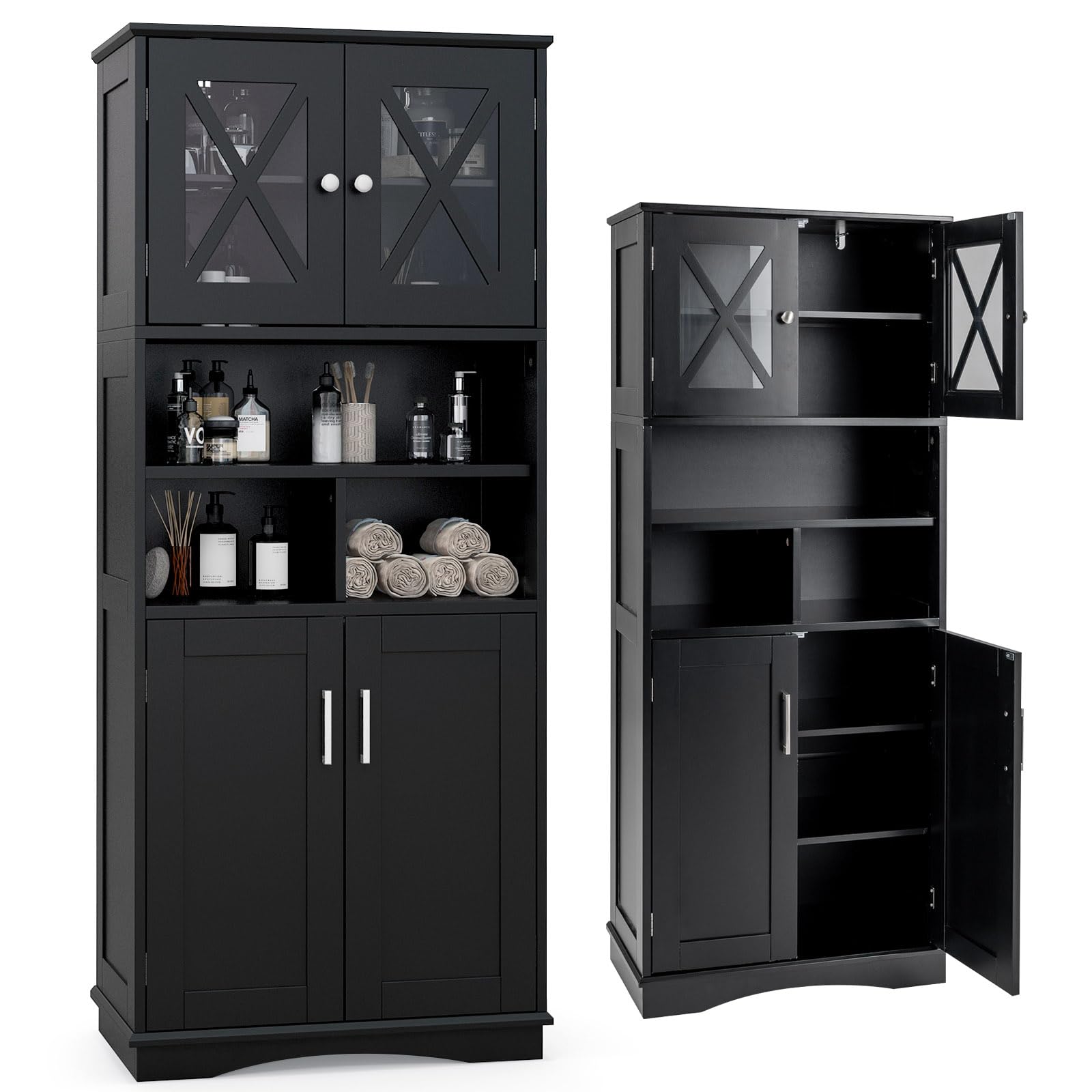 LIFEZEAL Badezimmerschrank Hoch, Freistehender Badschrank mit 4 Türen, Hochschrank mit verstellbaren Regalen, Küchenschrank Organizer für Küche, Bad, Wohnzimmer, 60 x 30 x 145 cm (Schwarz)