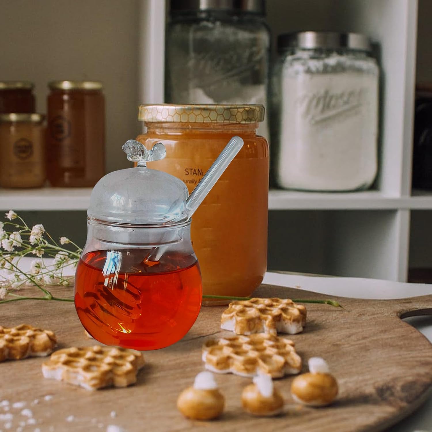 Yardwe Glass Honey Jar with Lid and Stirring Rod for Easy Drizzling