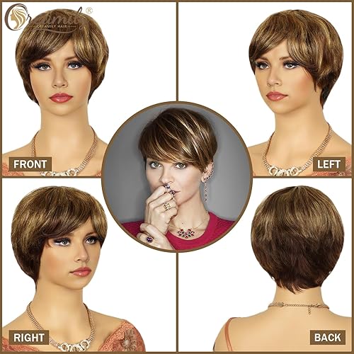 Miniatura 3 de Creamily Peluca corta de cabello humano castaño con corte Pixie para mujeres con flequillo mezclado rubio con reflejos rubios, peluca corta para