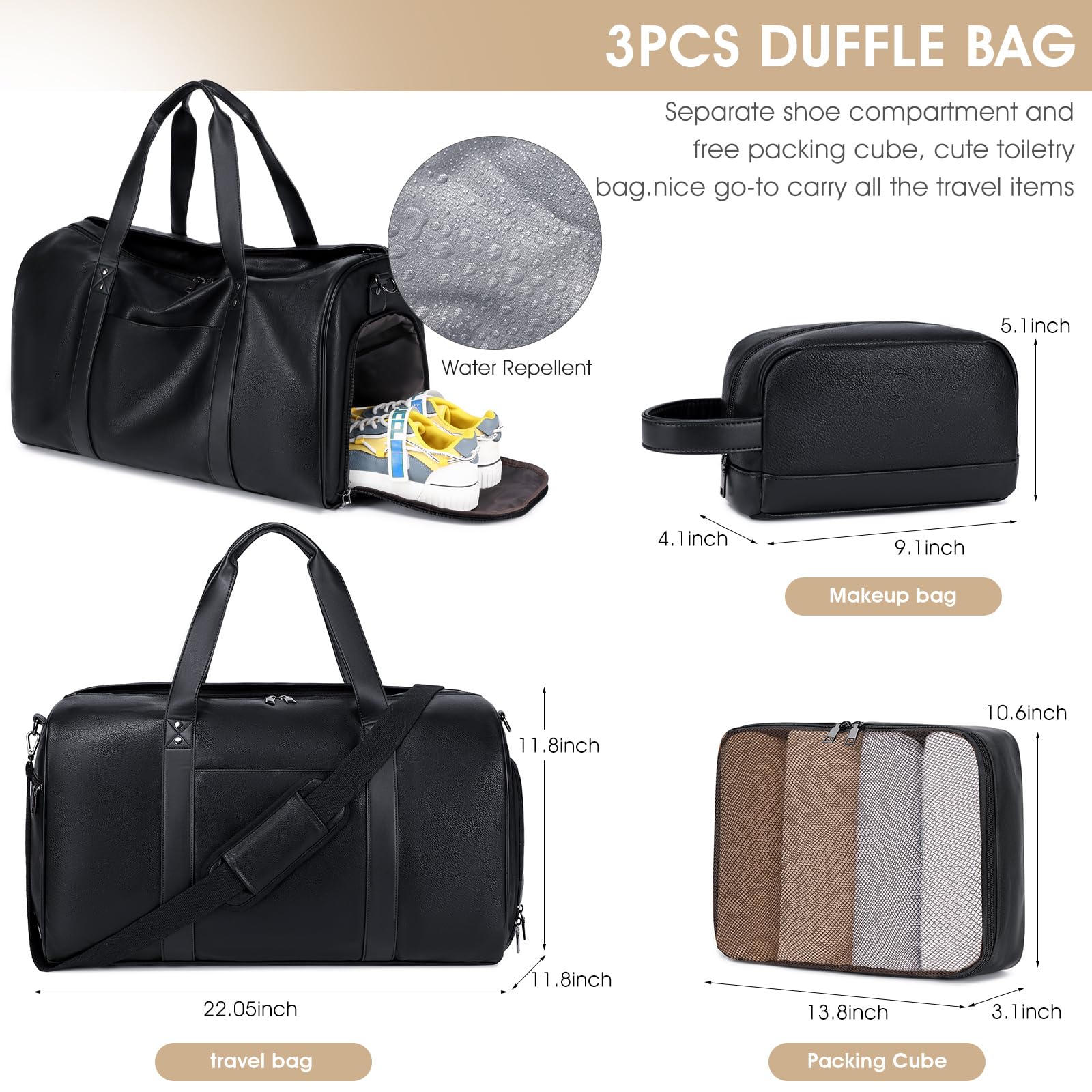 Wogarl 3 bolsas de fin de semana para mujer, bolsa de viaje grande para fin de semana, bolsa de viaje con compartimento para zapatos, Negro, L, Moda