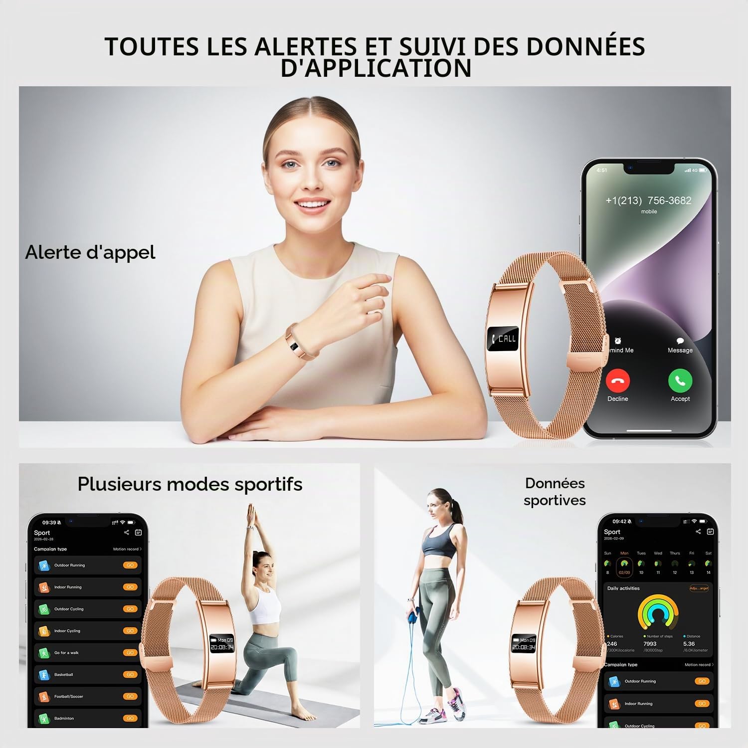 Bracelet Connectée Femme Fitness Tracker: Bracelet Montre Connectée avec Rappel d'appel Santé Moniteur Sommeil Fréquence Cardiaque HRV SpO2 Fonction Féminine 5ATM Etanche Sport Montre pour Android iOS