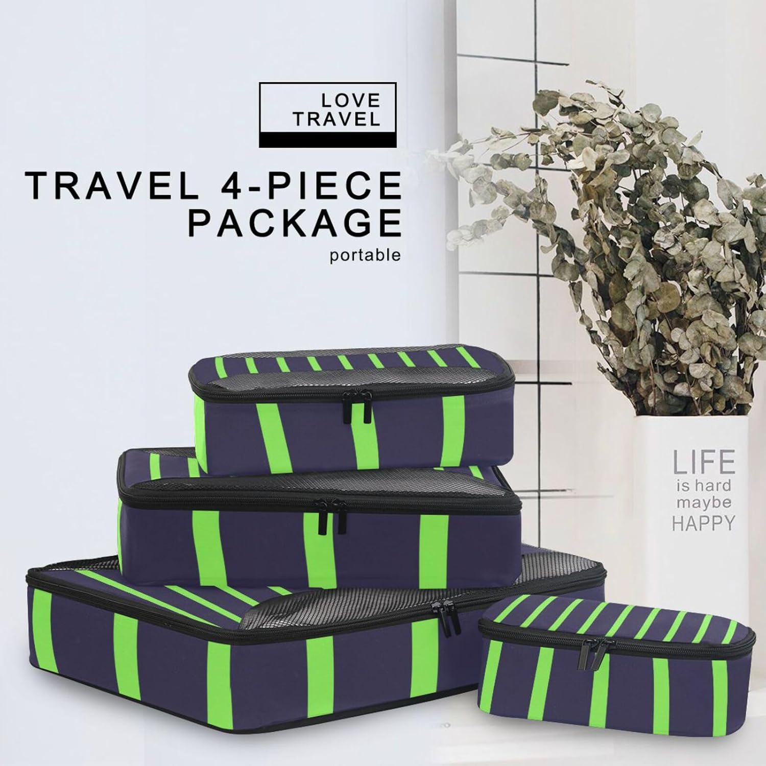 Black Green Simple Stripe 4 Pcs set organizers for travel Mesh Travel Essentials lightweight set packing cubes