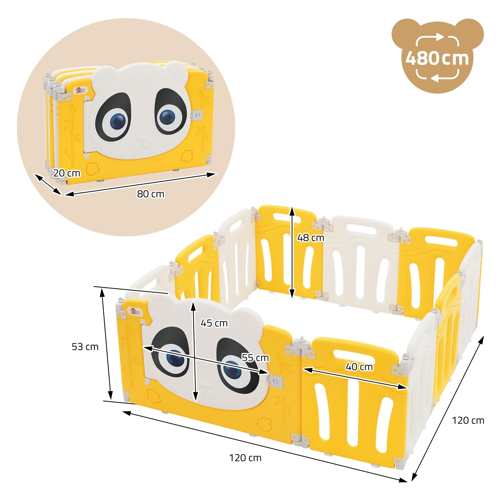 Joyz Box Bambini 120x120 cm Pieghevole Design Panda Bianco/Giallo Cancelletto con Porta e Orologio Didattico Recinto in Plastica per Interni/Esterni Cancelletto per l’Esplorazione dei Neonati