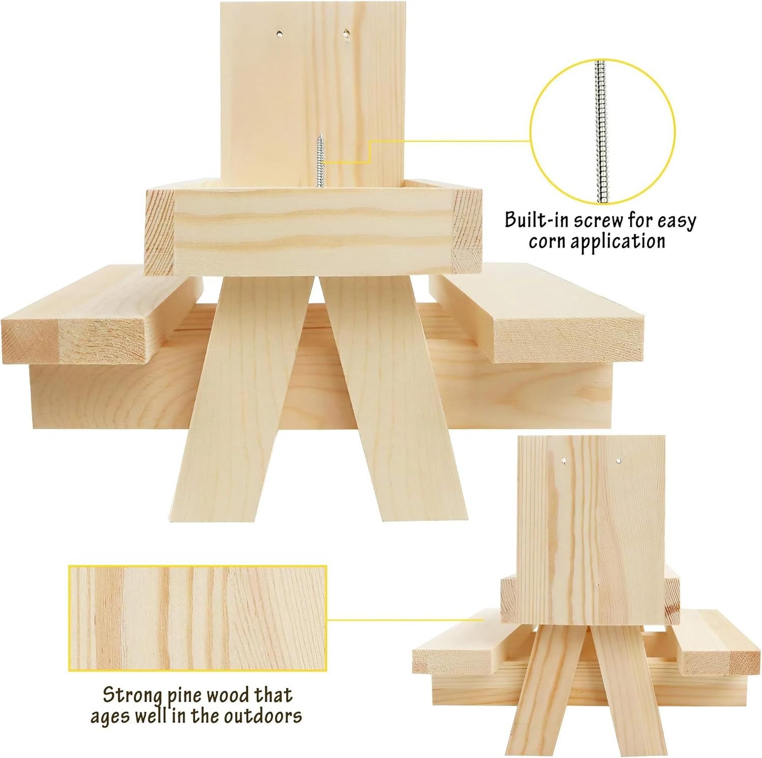 Squirrel Feeder Wooden Table with Umbrella Corn Cob Holder Funny Chipmunk Sugar Possum Feeders for Outside Picnic Waterproof (Carbonized)