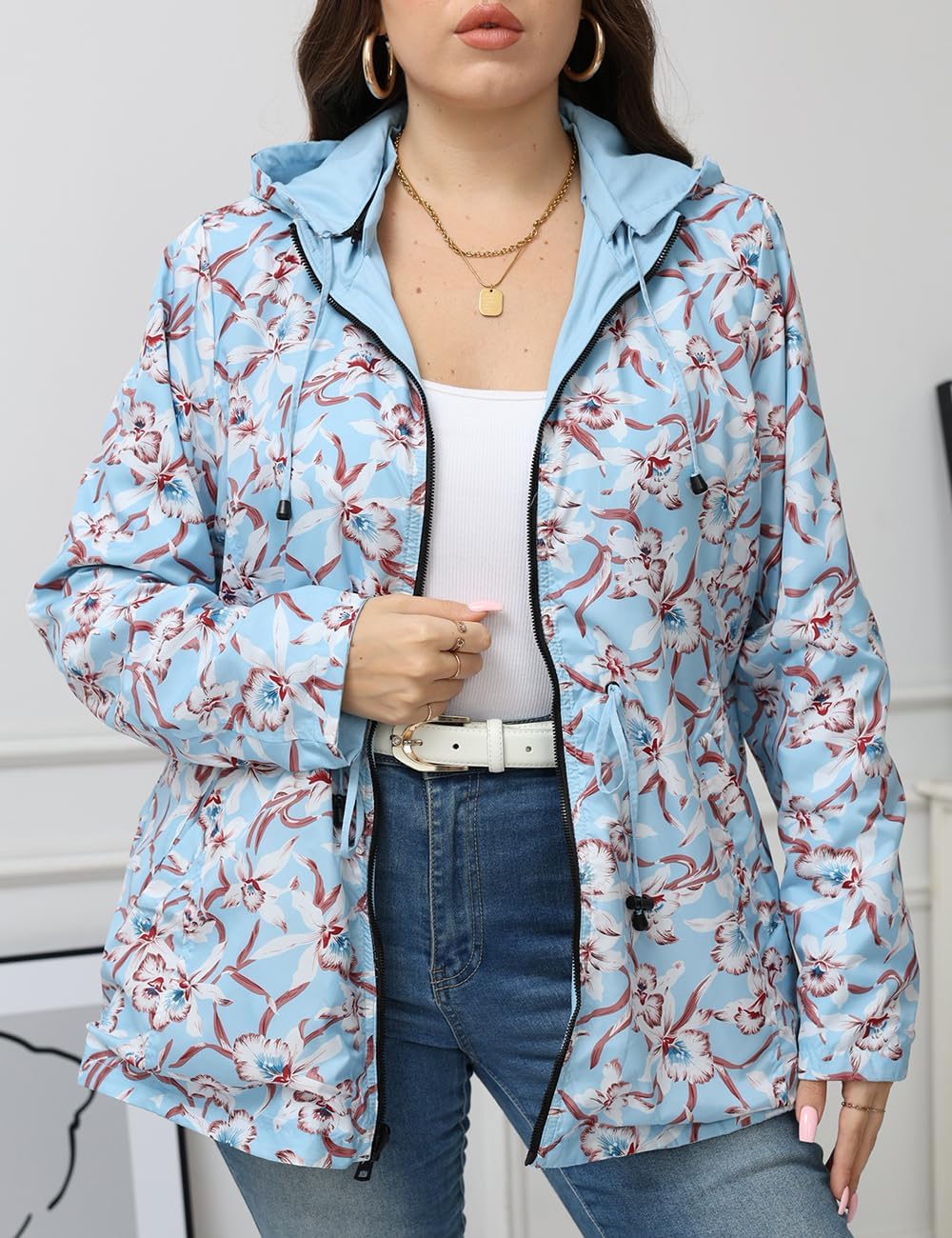 Geschallino Women's Casual Reversible Coat Plus Size Floral Print Windbreaker Lightweight Jacket with Hood - Image 5