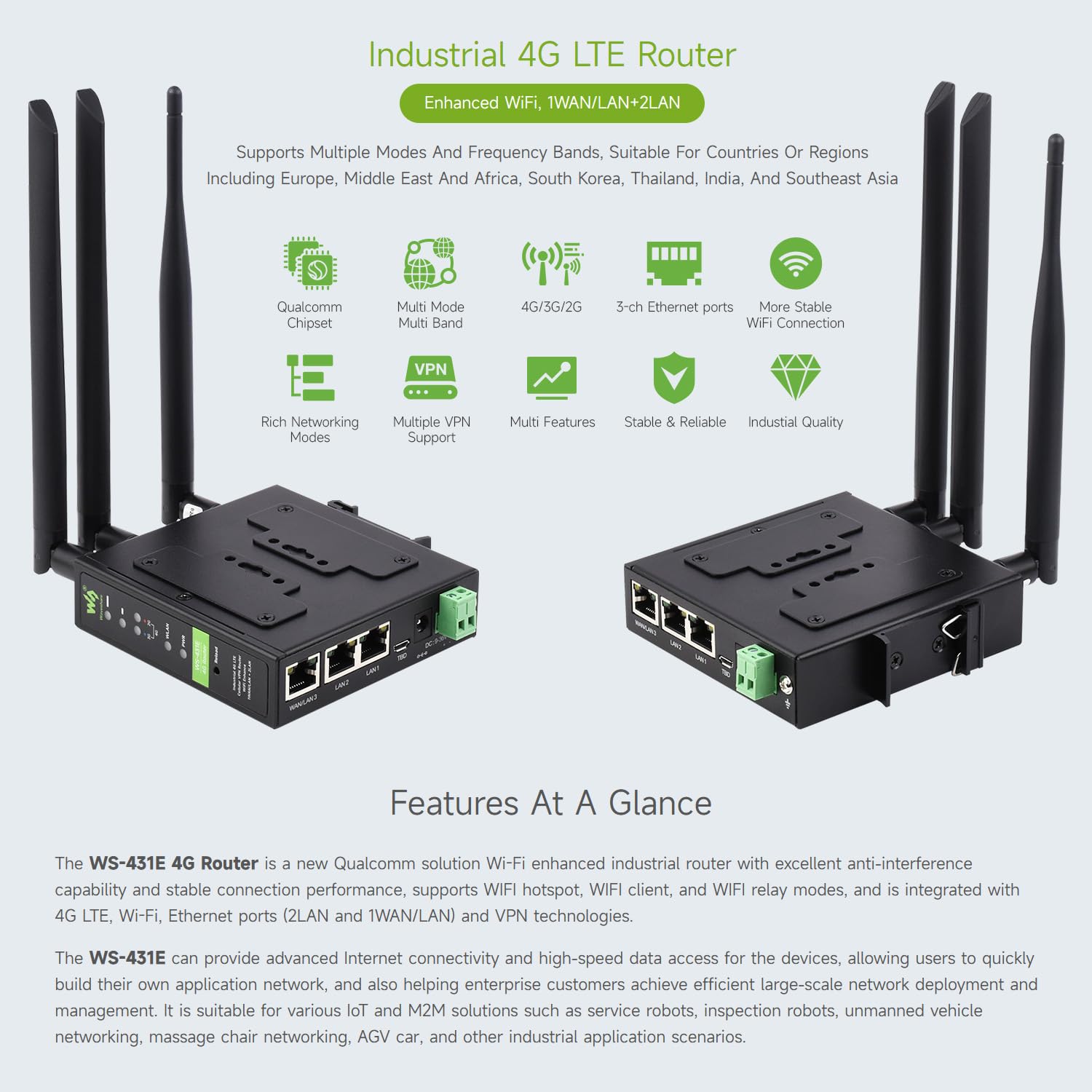 Waveshare Industrial 4G LTE Router, Support Multiple VPN Protocols, 3-Ch Ethernet Ports, WiFi High-Speed Internet Access, Dual Qualcomm Chips, Supports Multiple Mode & Frequency Bands, for Europe