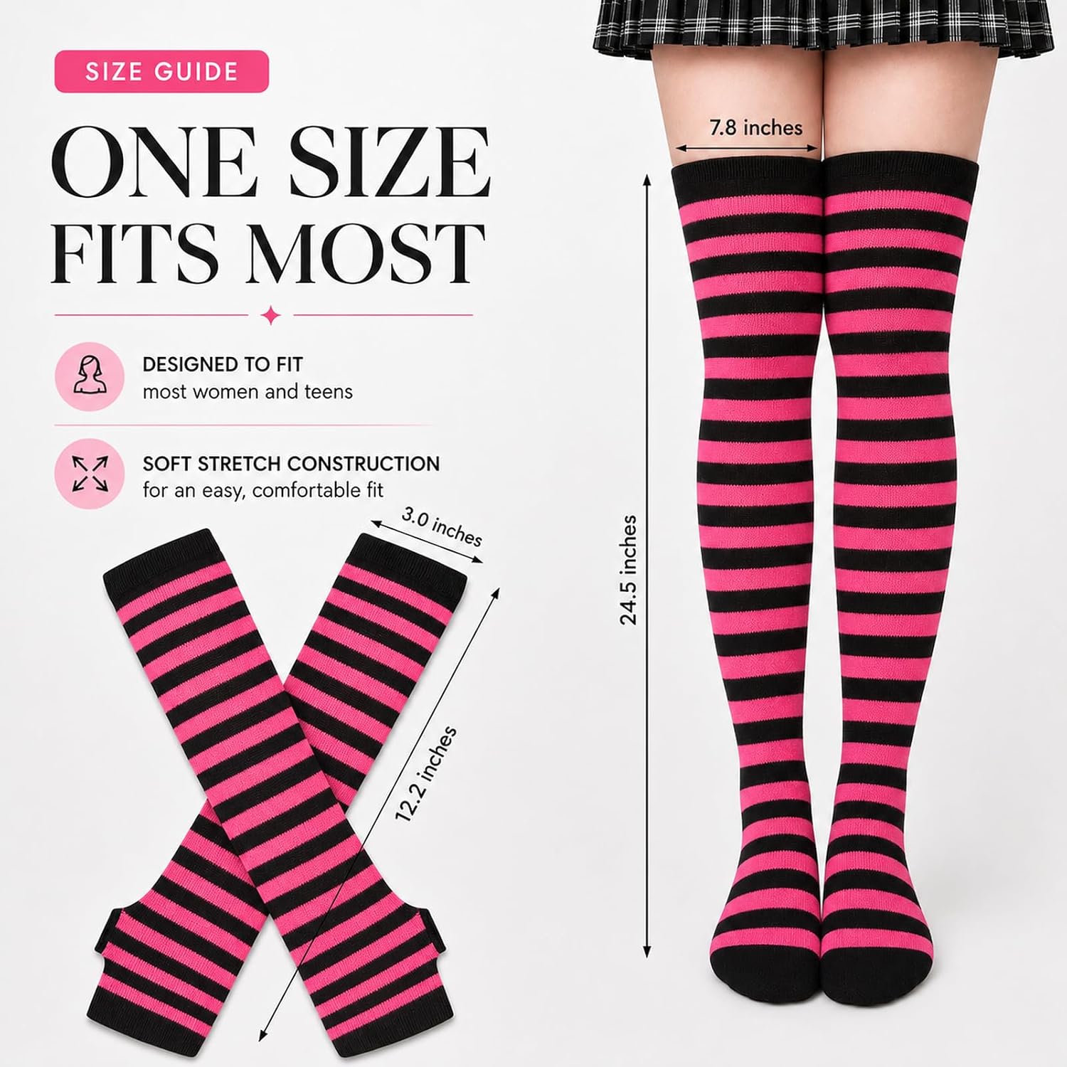 2/4 Sets Womens Striped Knee High Socks Long Knit Arm Warmers Fingerless Gloves Set for Halloween Costume