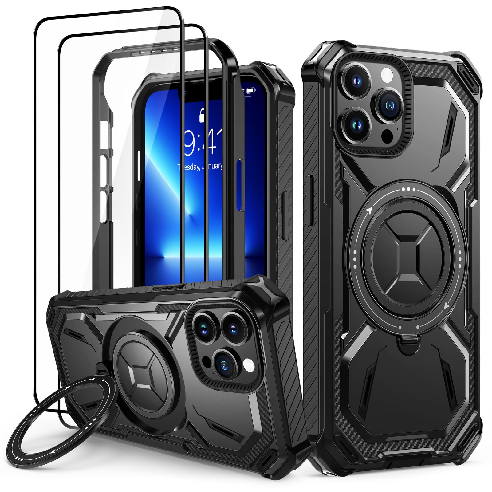 Lanhiem Cover iPhone 13 PRO con 2 Pezzi Vetro Temperato, Supporto Magnetico Anello a 360° Protezione 6FT Antiurto Anticaduta Militare Armor Protezione, Custodia iPhone 13 PRO, Nero