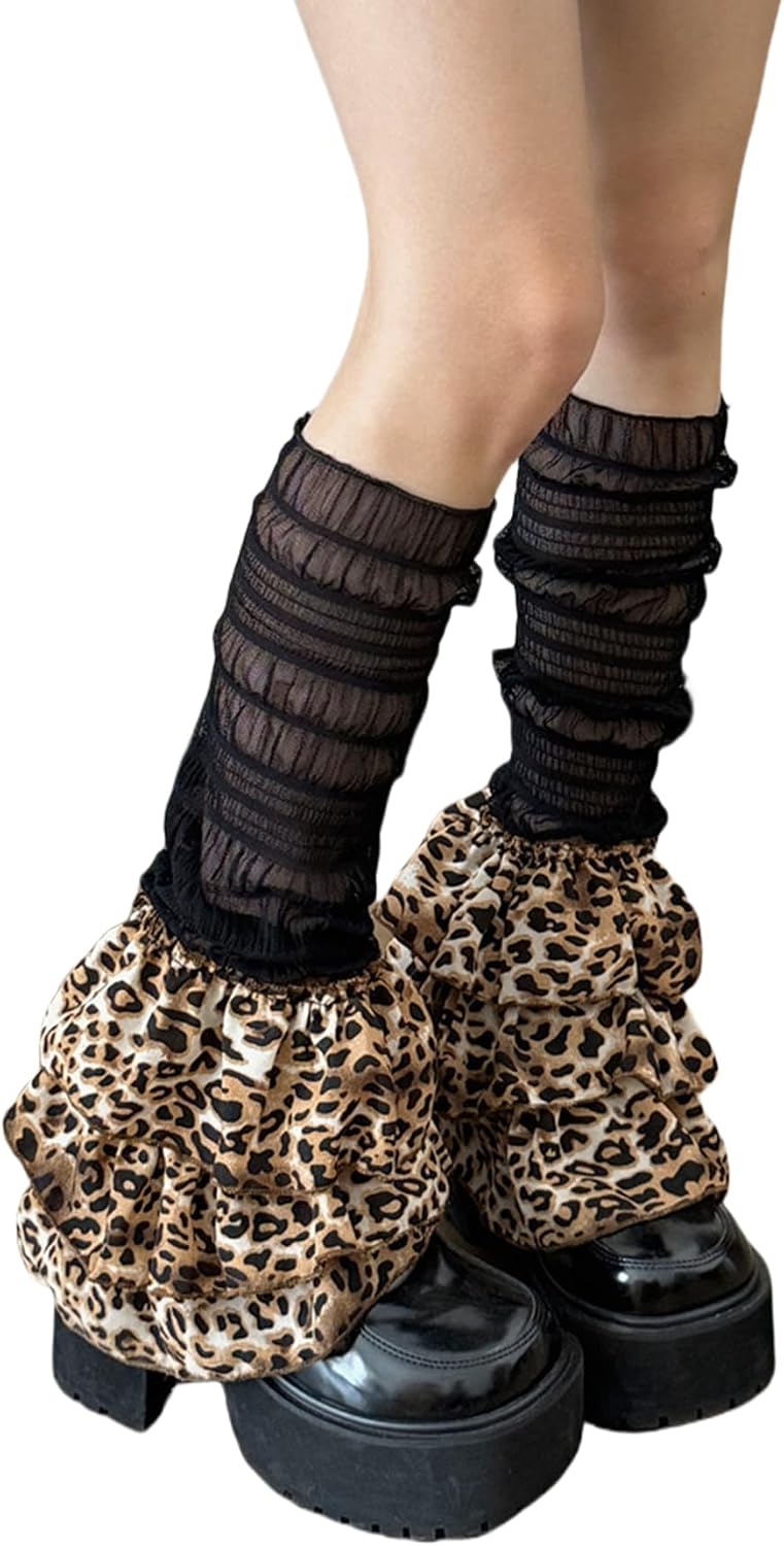 BOLLEY JOSS Womens Girls Y2k Leg Warmers Cute Ruffle Trim Tie Up Leg Sleeve Leopard Print Boot Socks Harajuku Lolita Socks