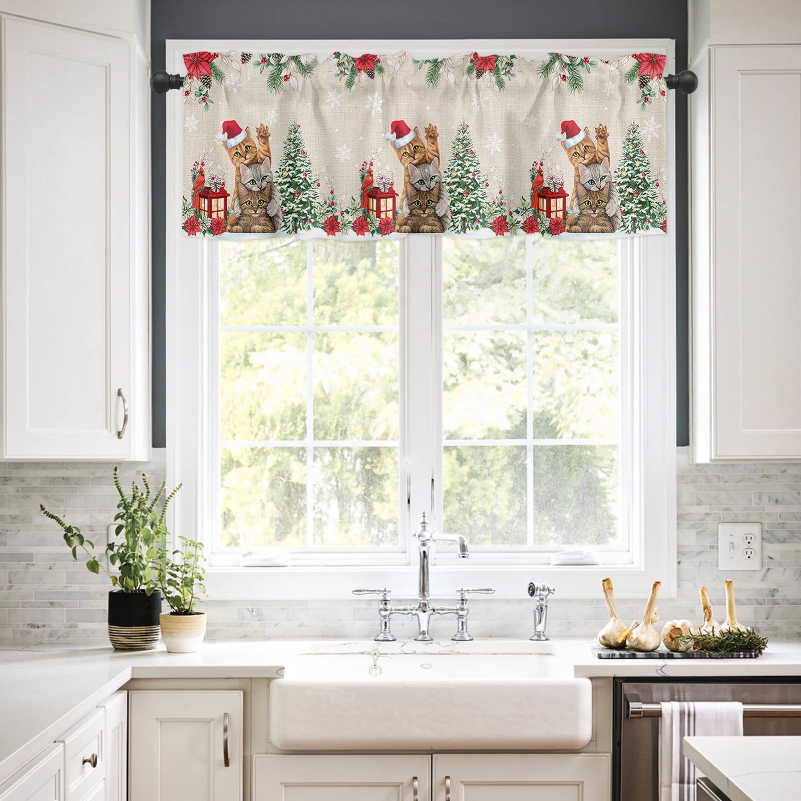 Window Curtain Christmas Valance for Living Room Bedroom Kitchen Curtain Xmas Poinsettia and Pine Tree Lovely Cat Winter Holiday Snowflake Rod Pocket Curtain Valance 1 Panel 54