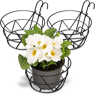 3 Pack Railing Planter Holders, 10'' Round Iron Hanging Fence Pot Basket, Over The Rail Indoor Outdoor Plant Hanger Rack, Black Balcony Flower Stand Shelf for Porch, Railing, Patio, Garden