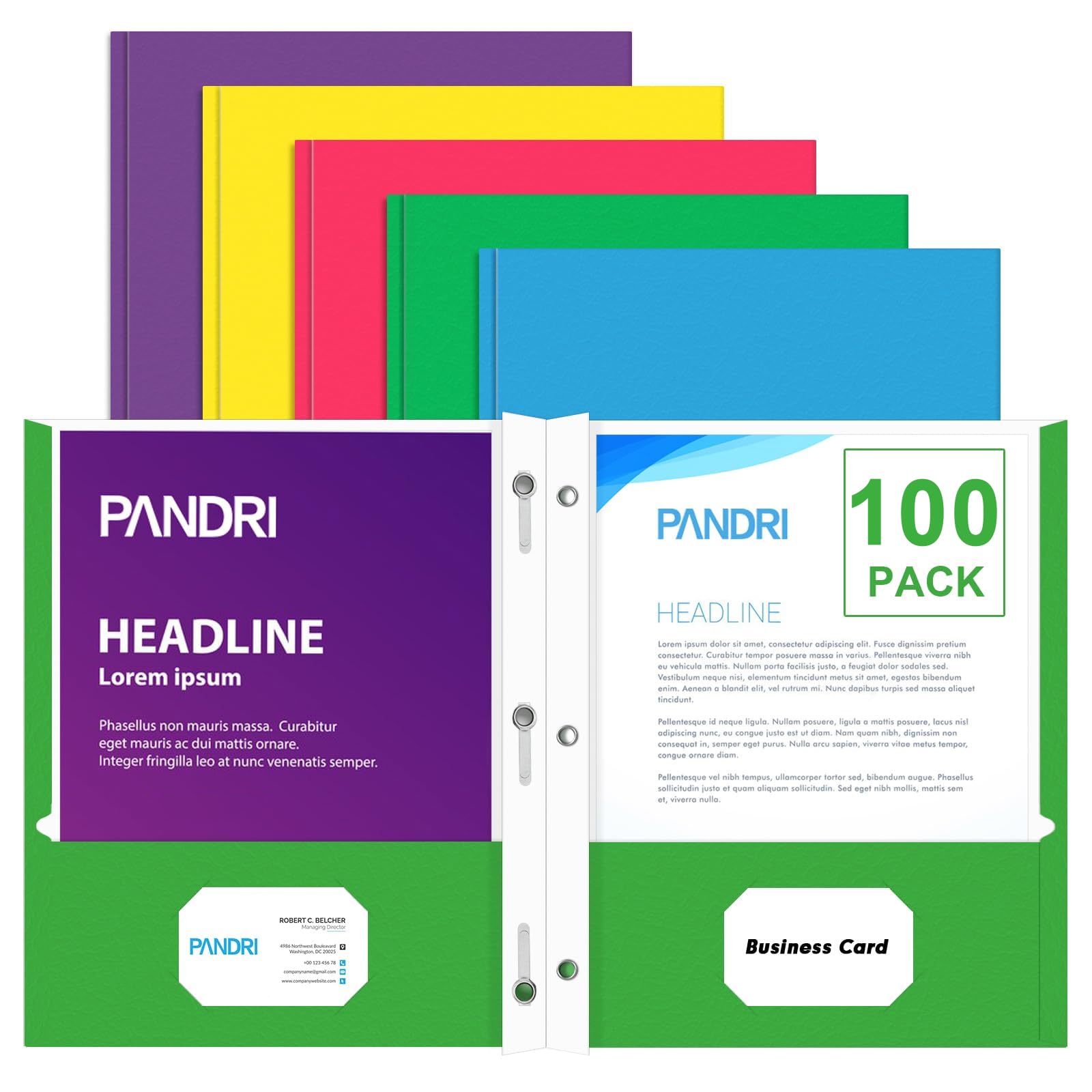 Two Pocket Folders, PANDRI 100 Pack Two Pocket Folders with Prongs, Designed for Office and Classroom, Assorted 5 Colors 2 Pocket 3 Prong Folders