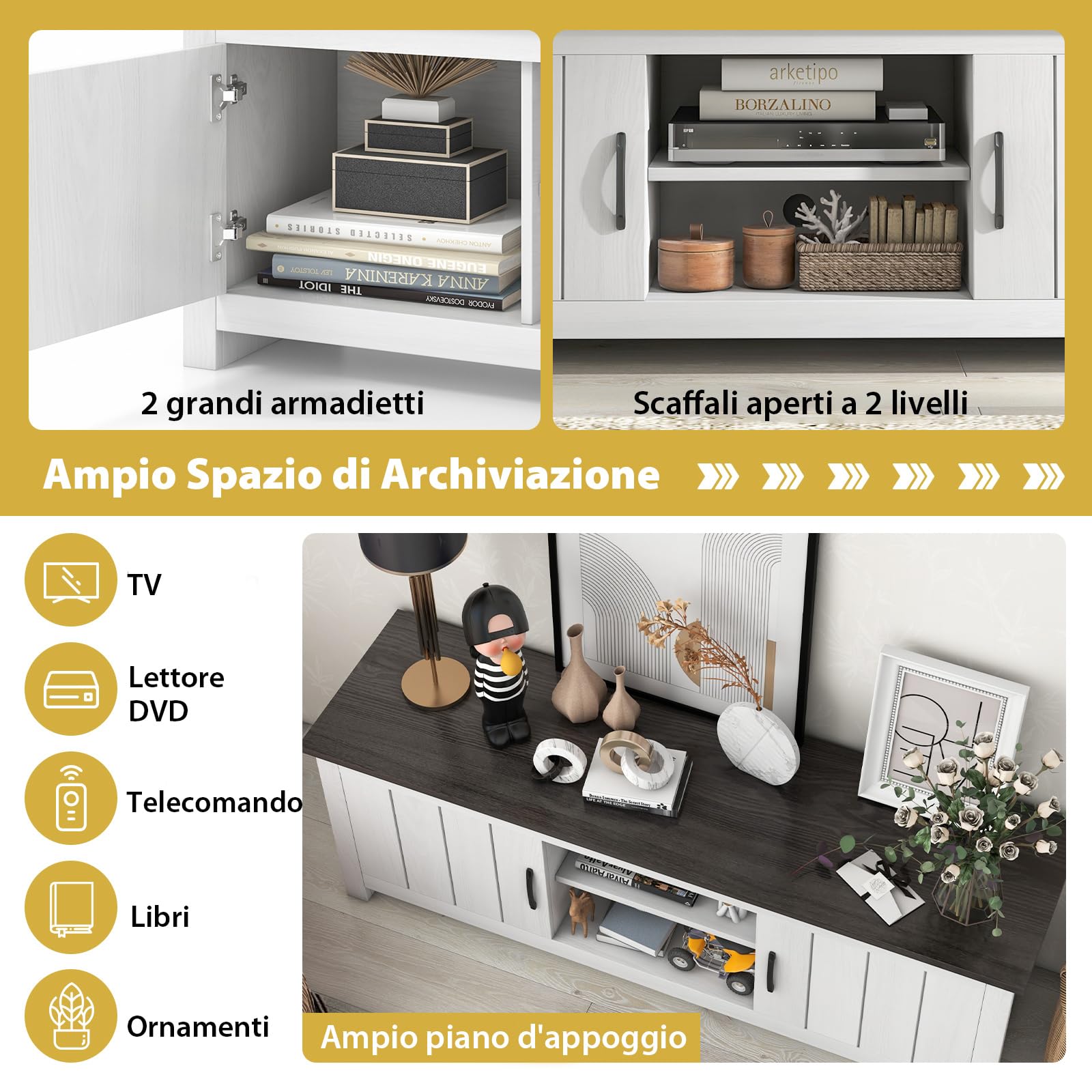 COSTWAY Mobile TV con 2 Ante per TV fino a 65", Mobile Porta TV in Legno con Ripiani Aperti, Mobile per TV in Legno per Soggiorno, 145 x 39,5 x 49,5 cm (Grigio Scuro)