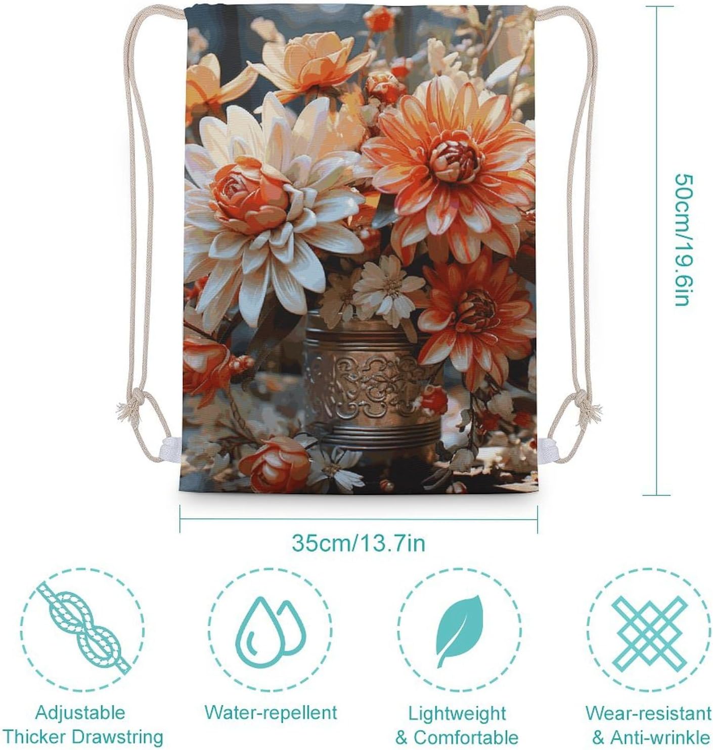 Drawstring Backpack Orange Flowers Printed Sport Gym Drawstring Bag Lightweight Cinch Sacks Backpack Drawstring Bags for Yoga Sport Gym Beach Travel Backpacks