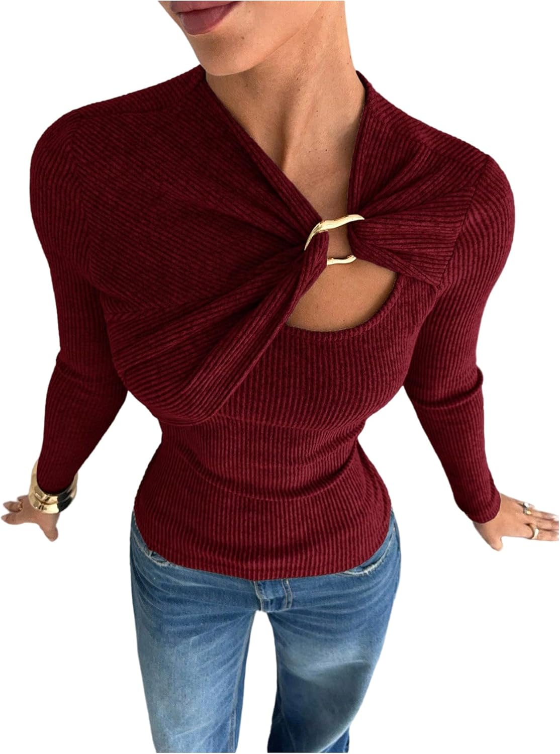 Verdusa Womens Long Sleeve Shirts Asymmetrical Tops Cut Out Going Out Knit Tops Slim Fit