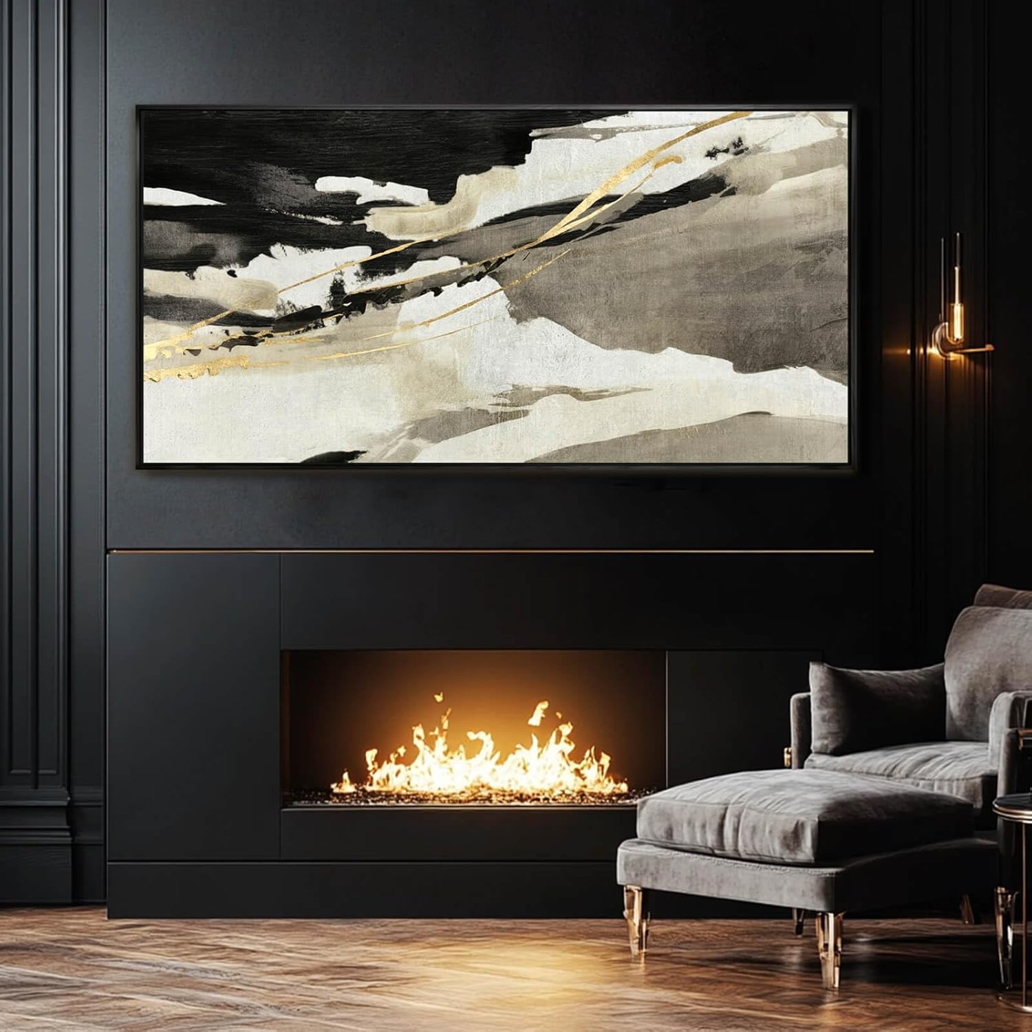 Black Gold Abstract Wall Art White Wall Decorations Canvas Art for Living Room Contemporary Painting Wall Decor Framed Pictures 29"x58"