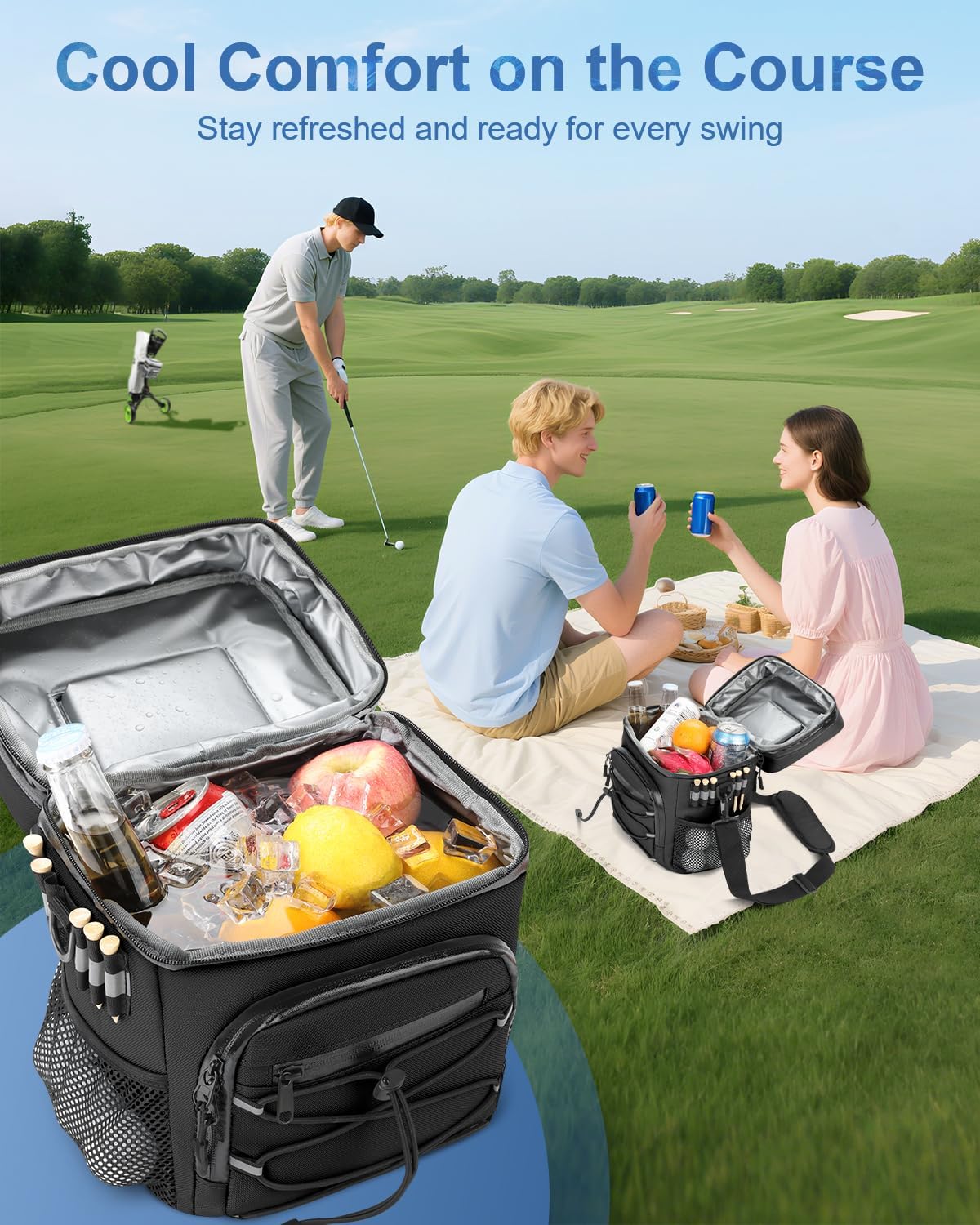 14-Can Golf Cart Expandable Cooler Bag, Soft Insulated Cooler Bag with Hook-and-Loop Lid & Golf Tees Holder for Camping & Outdoor Activities, Fits on Golf Cart Push Cart