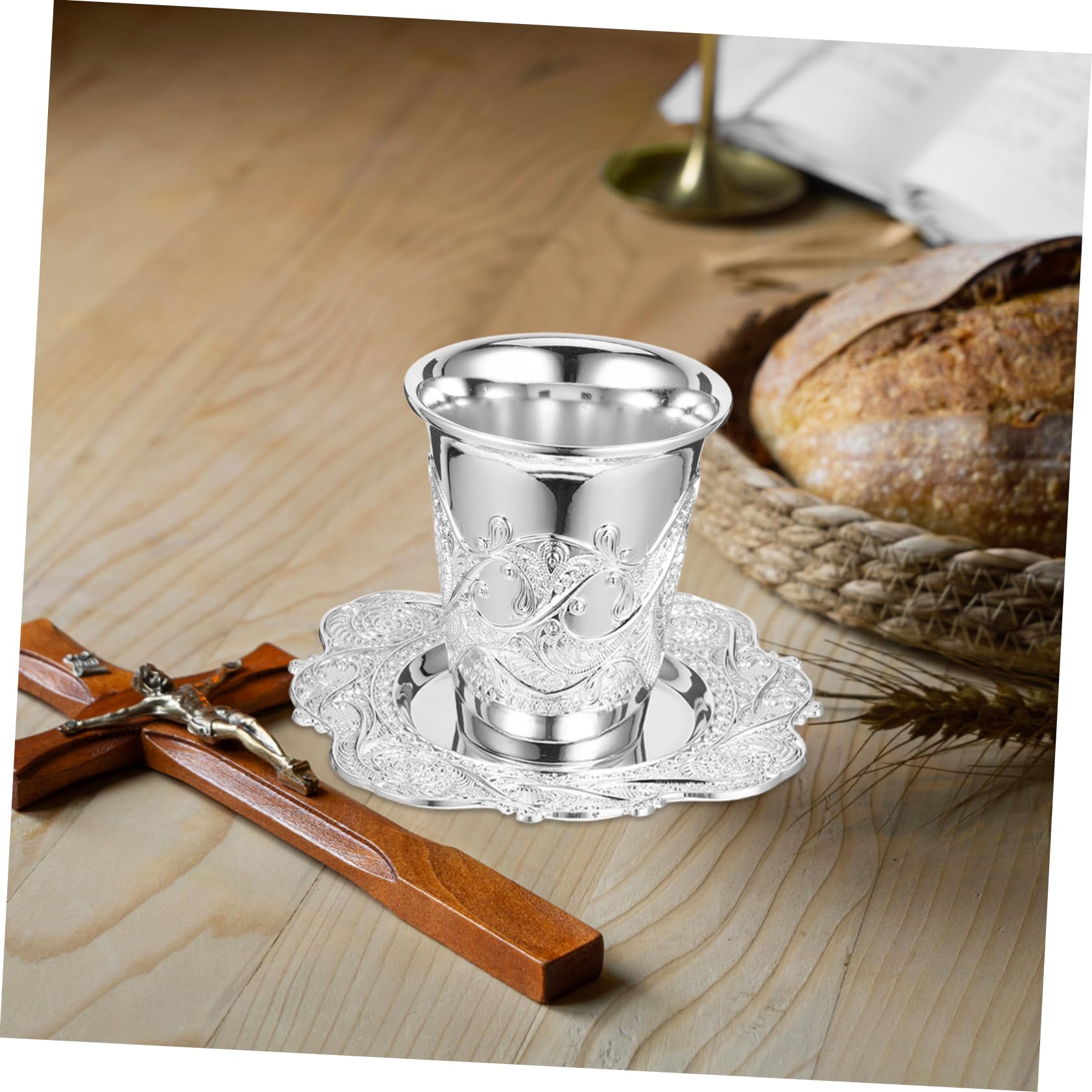 Cabilock 2 Juegos taza copa sagrada copa cáliz vasos de whisky copa de kidush grabada ofreciendo suministros copa de vino navideña copa de vino de fiesta de zinc