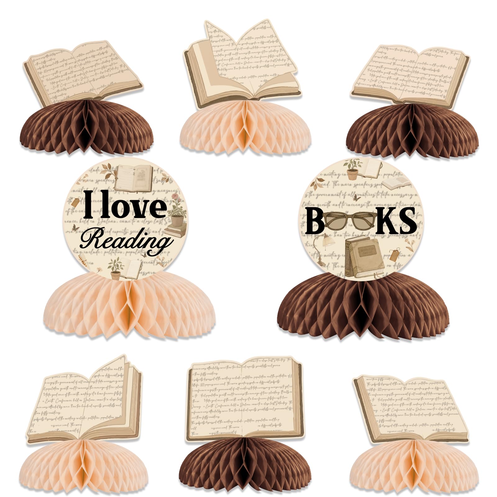 Funmemoir Vintage Book Themed Party Decorations - 8PCS Honeycomb Centerpieces, I Love Reading Book Club Table Decorations for Books Lover Newspaper Library Birthday Party Baby Shower