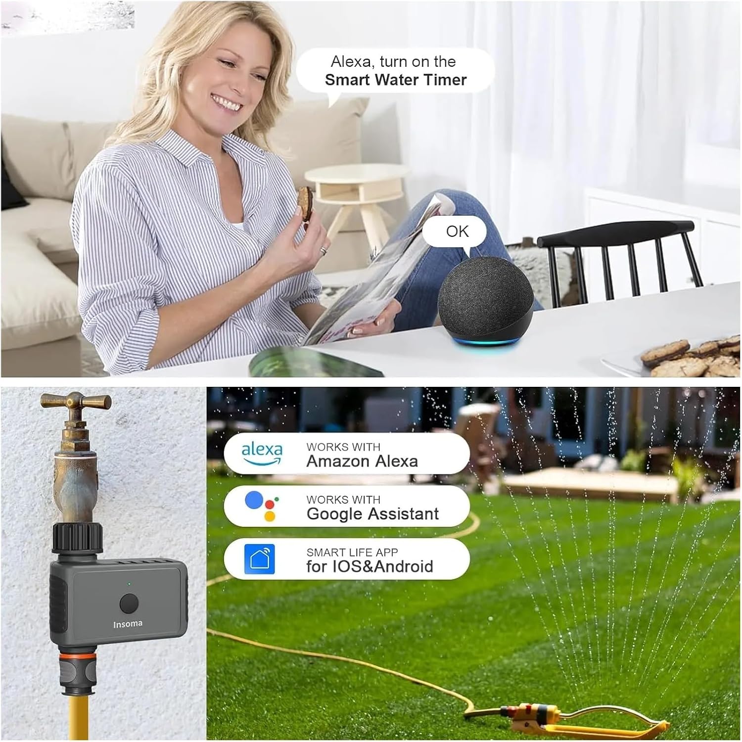 A woman using an Amazon Alexa device, with the Insoma sprinkler timer and logos for Alexa, Google Assistant, and Smart Life app.