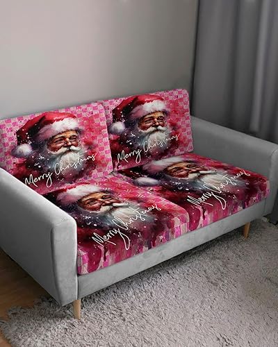 Miniatura 3 de Pink Christmas Santa Couch Cushion Covers, Stretch Sofa Cover with Elastic Bottom, Pink Plaid Winter Snowflake Xmas Sofa Slipcovers Protector
