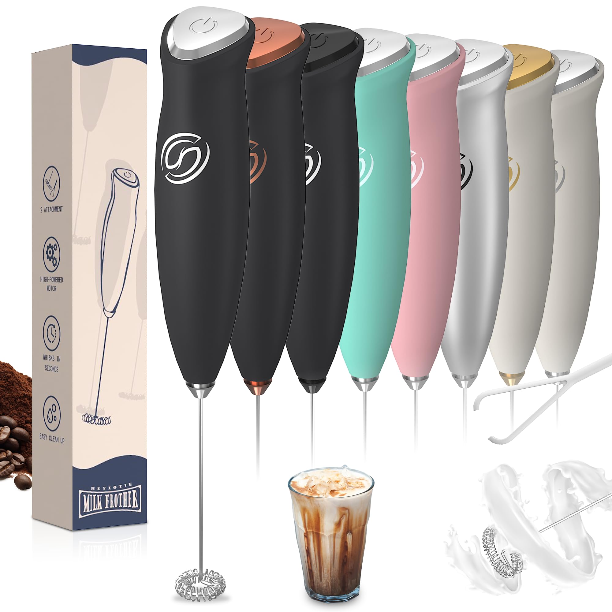 Espumador de leche, espumador de café, batidora de mano con 2 batidores, agitadores eléctricos, espumador de leche eléctrico para mezclador de café, varita espumadora de leche, color negro