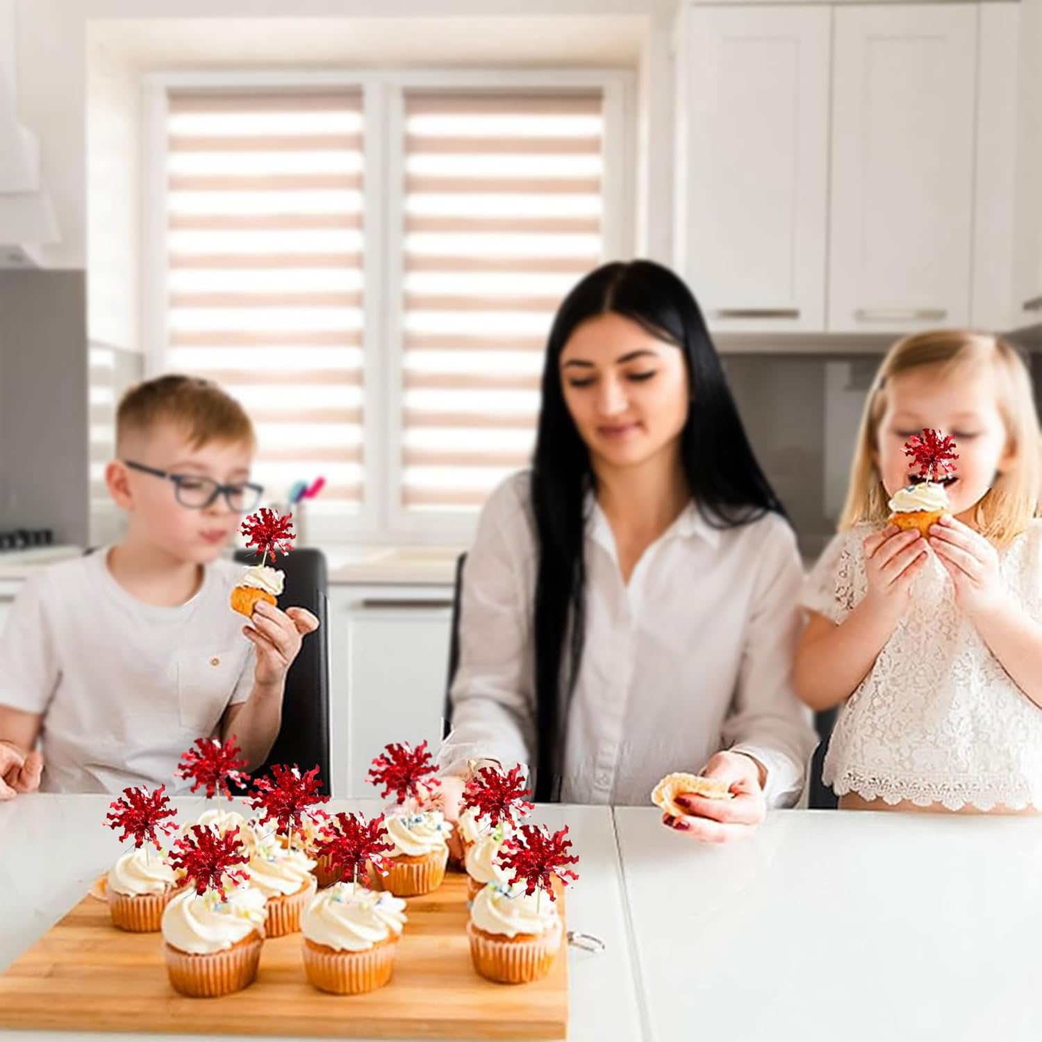 Gyufise 30Pcs Foil Firework Cupcake Toppers Sparkle Tinsel Cake Toppers Tinsel Drink Cake Decoration Cocktail Picks for Birthday Wedding Graduation Party Supplies Red - Image 7