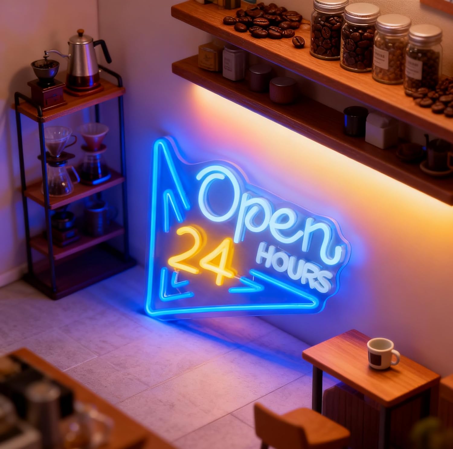 24 Hours Open Neon Sign, USB Powered Decorative Light 24 7 Business Open Sign for Store Shop Cafe Bar Home Wall Table Neon Decor, 14.2 x 13.5 In