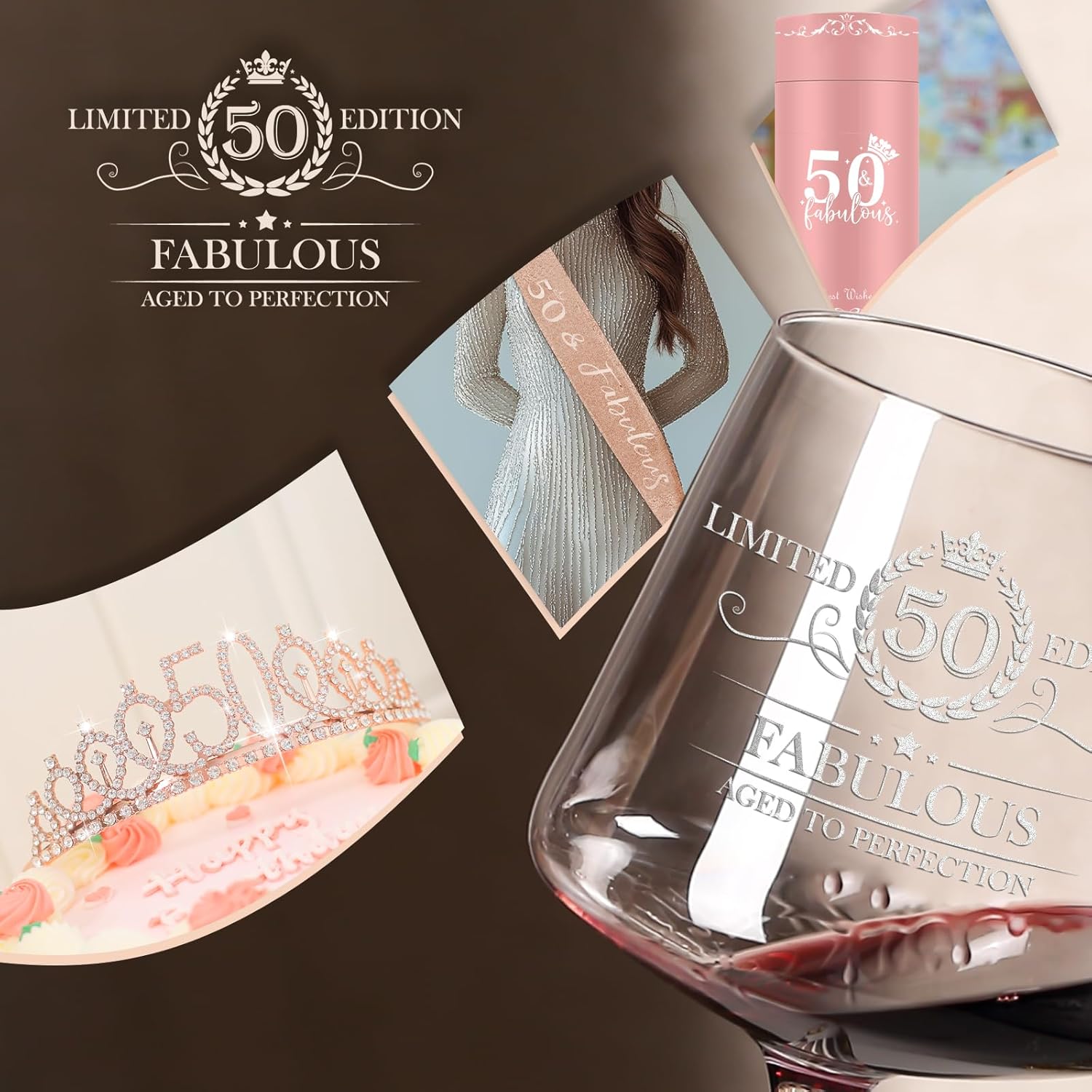 50TH Birthday Gifts for Women,Vintage Engraved 50th Wine Glass,50 Year Old Birthday Decorations For Her,50&Fabulous Sash and Tiara For Women,Friends,Sister-Turning 50th Party Favor Supplies - Image 7