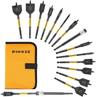 Pinoze 14-Piece Spade Drill Bit Set with 6" Quick-Load Extension - 1/4" to 1-1/2" Paddle Bits for Woodworking, Hex Shank, Storage Pouch