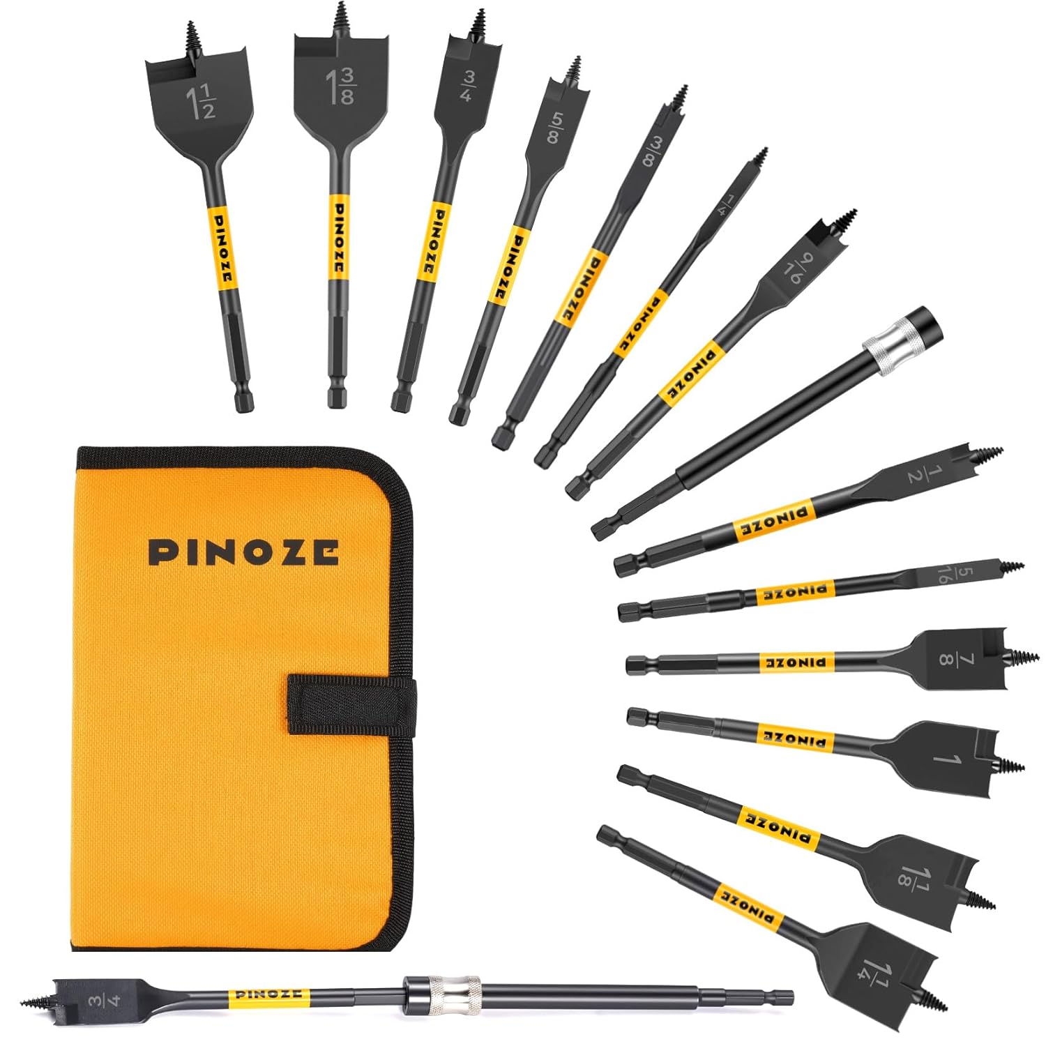 Pinoze 14-Piece Spade Drill Bit Set with 6" Quick-Load Extension - 1/4" to 1-1/2" Paddle Bits for Woodworking, Hex Shank, Storage Pouch
