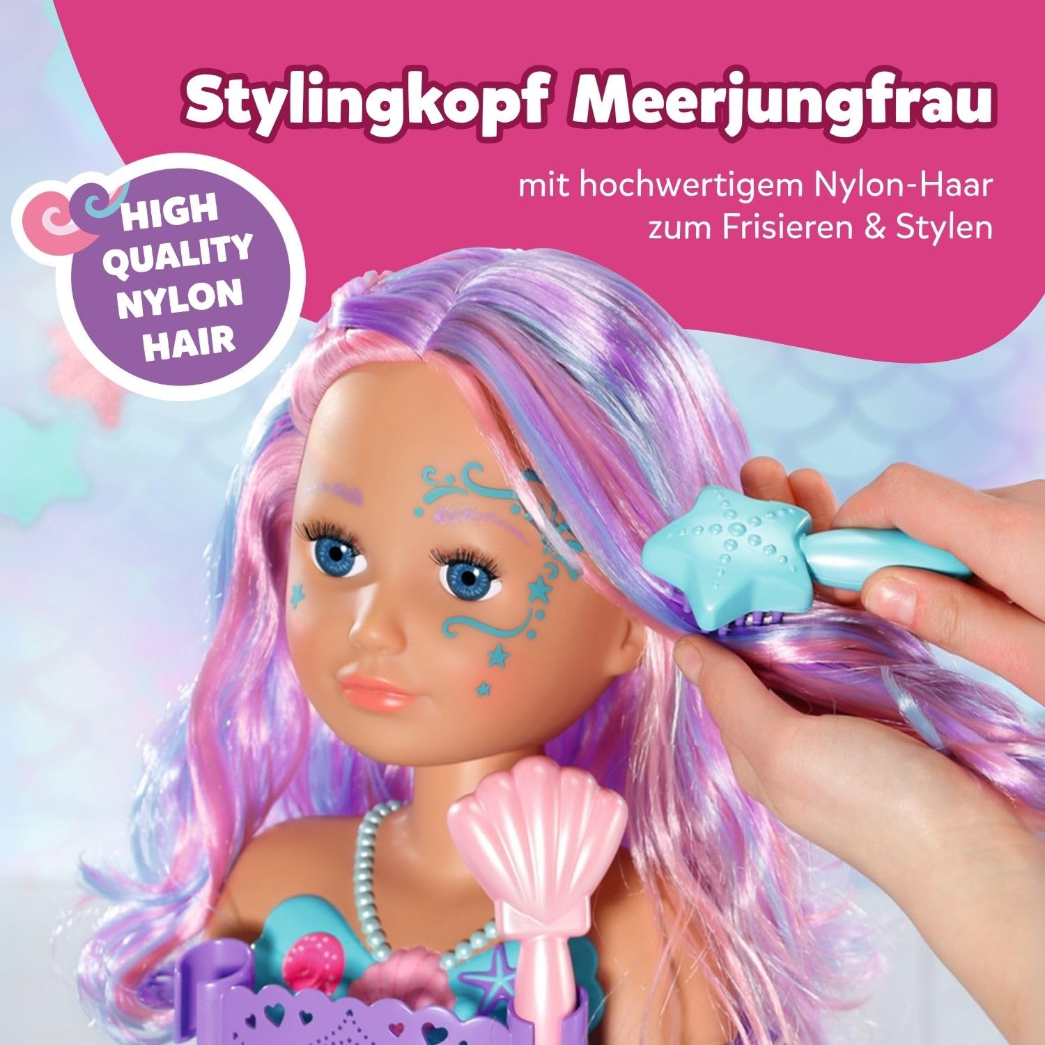 BABY Born Stylingkopf Meerjungfrau - Puppen Schmink- & Frisierkopf für Kinder ab 3 Jahren - Drehbar & für die Badewanne geeignet - Mit Wasserfunktion, Bürste, Diadem & Zubehör