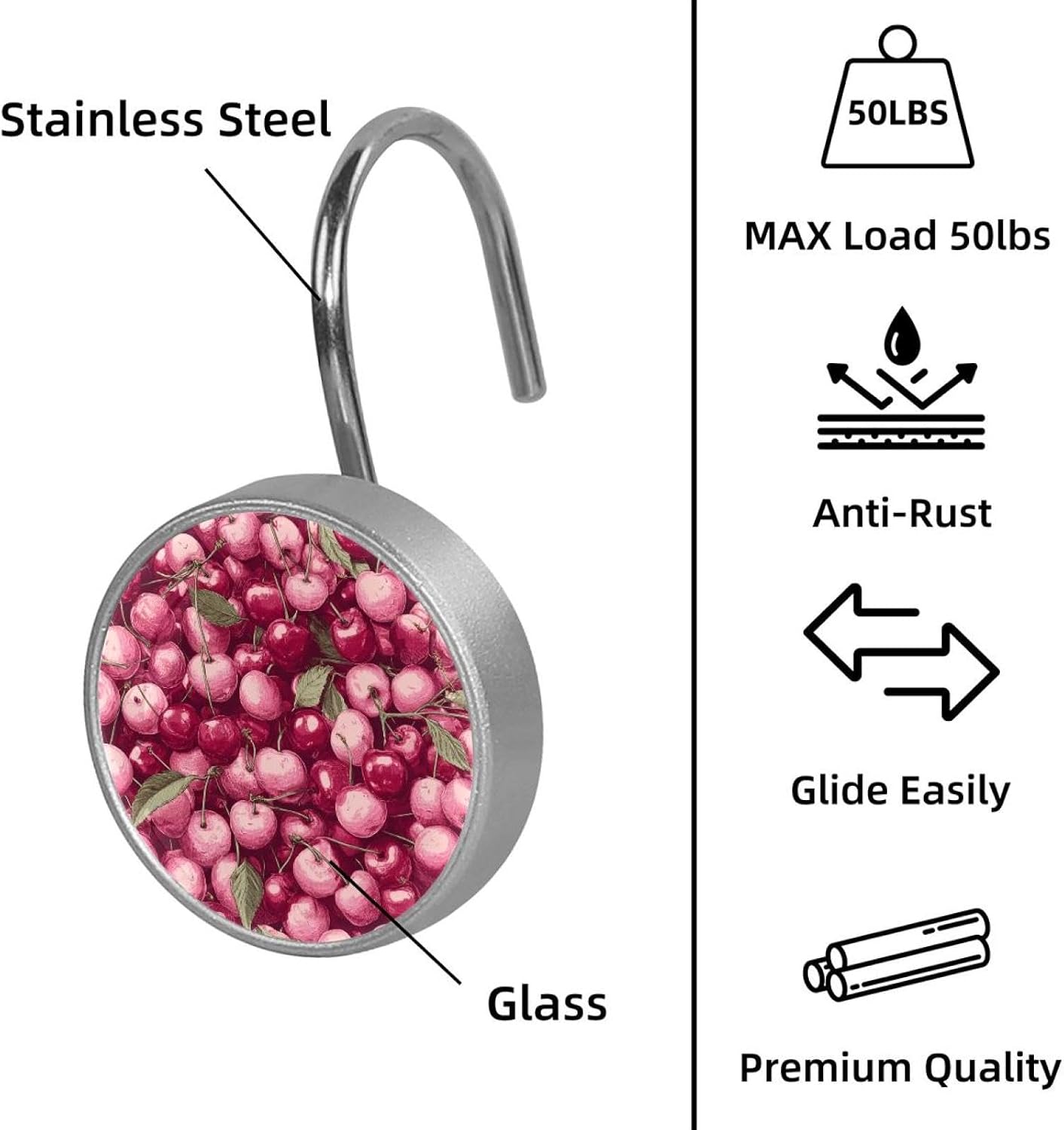 Set of 12 Shower Curtain Hooks, Shower Curtain Rings Crystal Glass Decorative Bathroom Hook, Pink Cherry Patter (1)