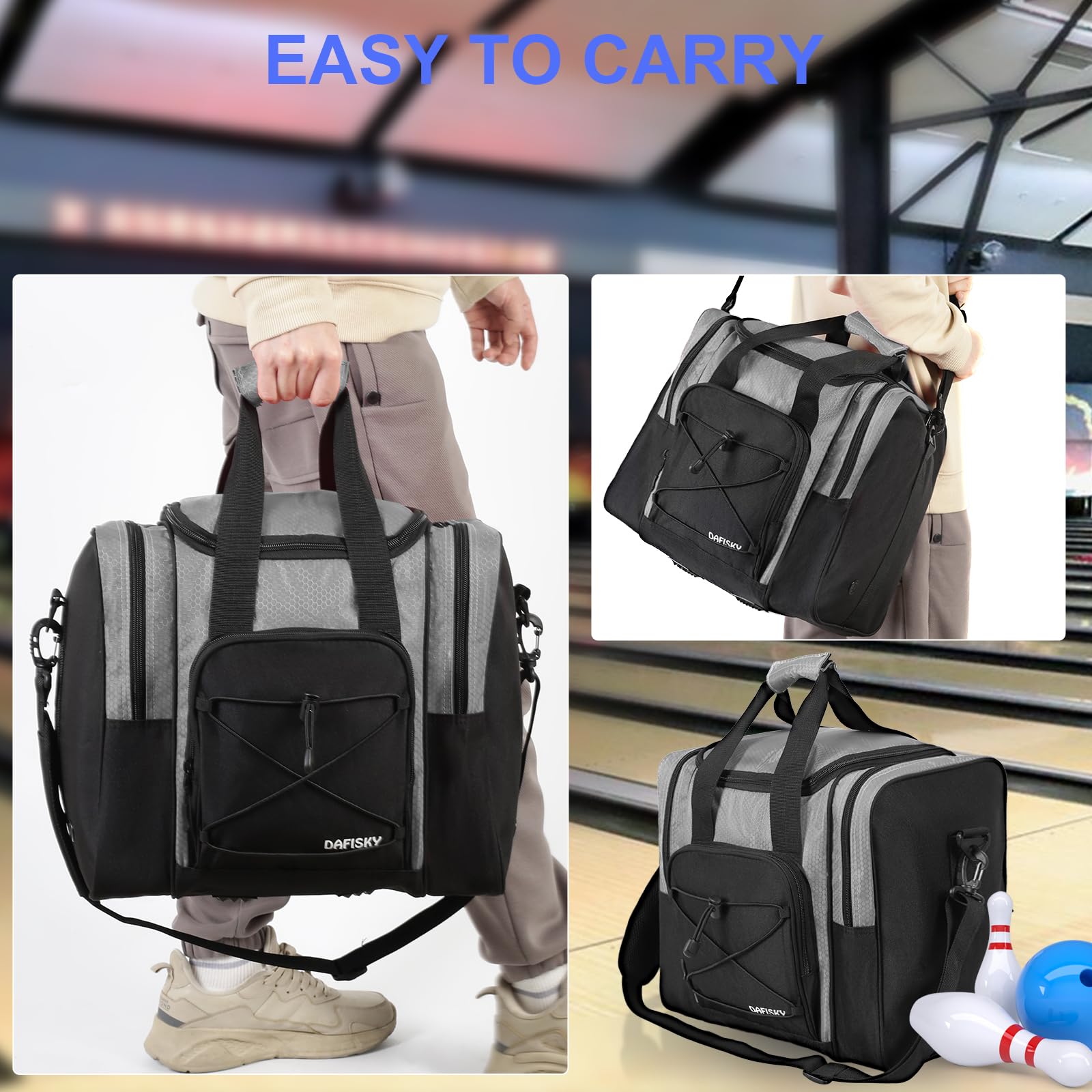 DAFISKY Sac de bowling pour une seule balle – Sac fourre-tout pour 1 balle et chaussures avec support rembourré, 2 poches pour chaussures de bowling homme et femme jusqu'à la taille 42