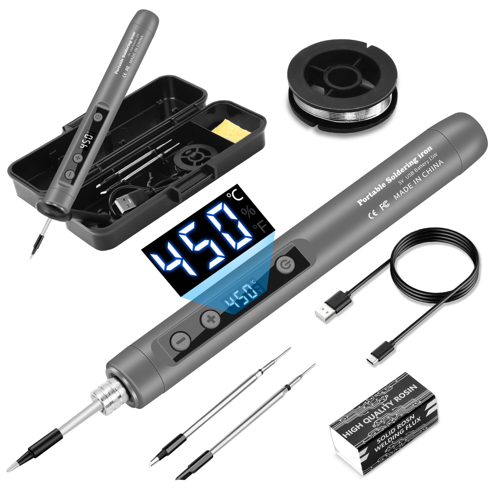 diymore Kit de soldador inalámbrico USB-C con pantalla LCD, temperatura ajustable de 180 ℃ a 450 ℃, bolígrafo de soldadura portátil recargable para reparación de electrónica, proyectos de bricolaje