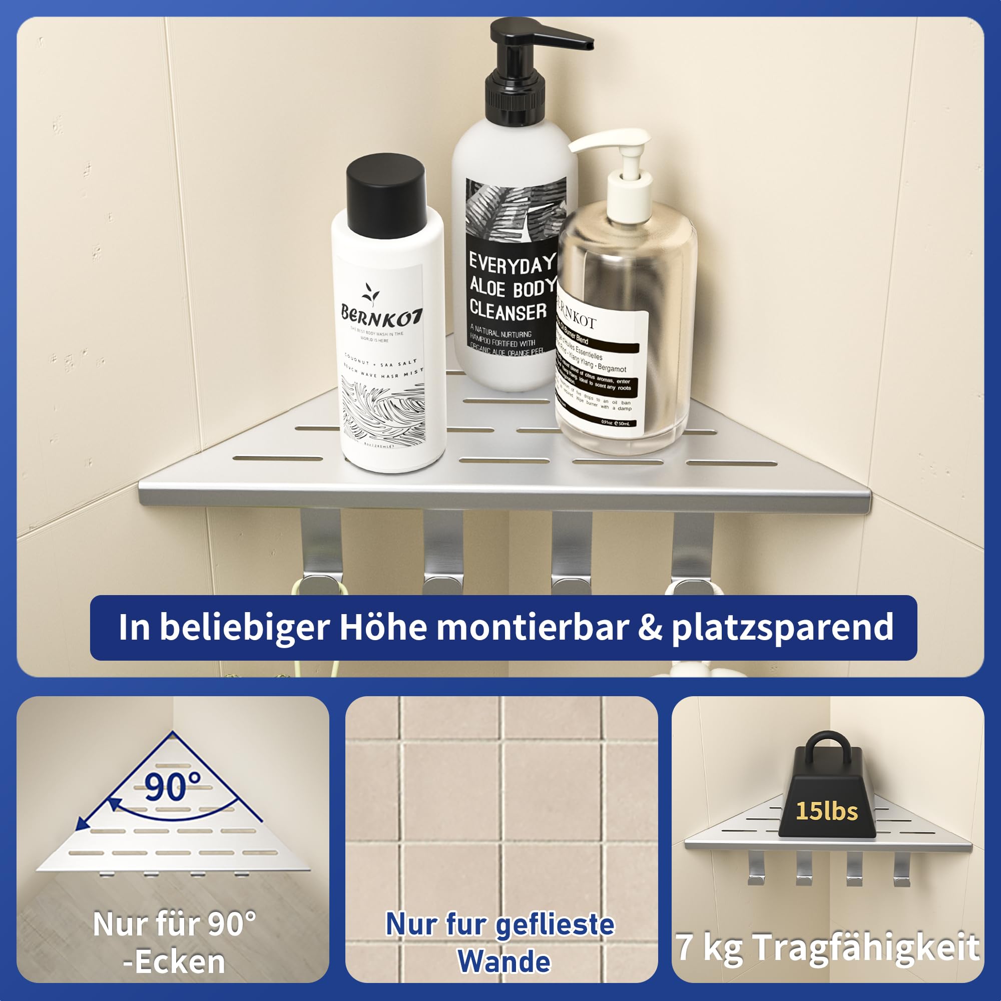 Eck-Duschregal aus 304 Edelstahl mit 4 verschiebbaren Haken | Upgrade 25,4 cm Eckregal Dusche, Duschablage Ecke für Badrenovierung & Umbau, passend für geflieste Wände, gebürstet