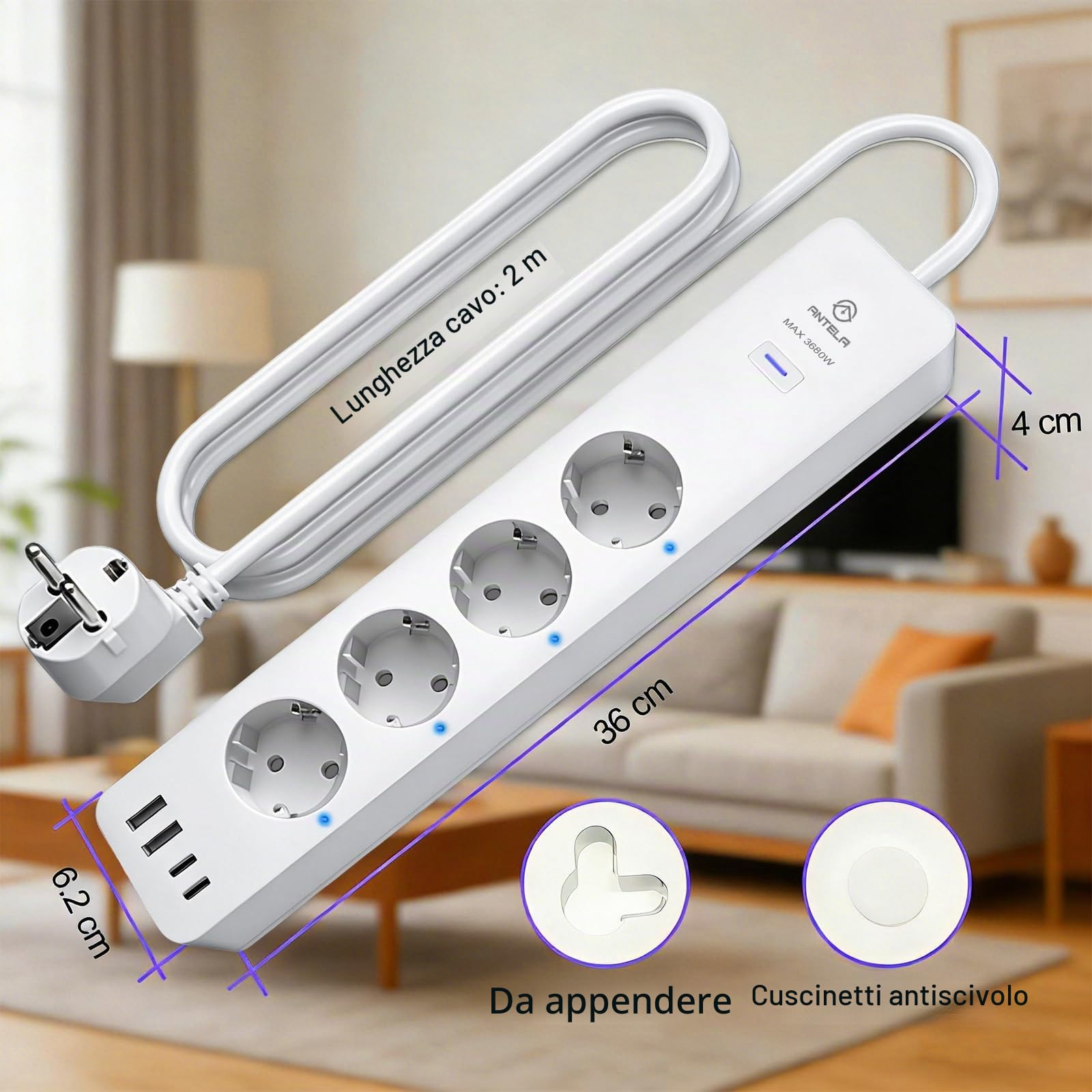 ANTELA Multipresa Smart con Monitoraggio del Consumo Ciabatta Smart Alexa | Protezione da Sovraccarico, 4 Prese AC + 4 Porte USB, Telecomando APP, Programma e Timer
