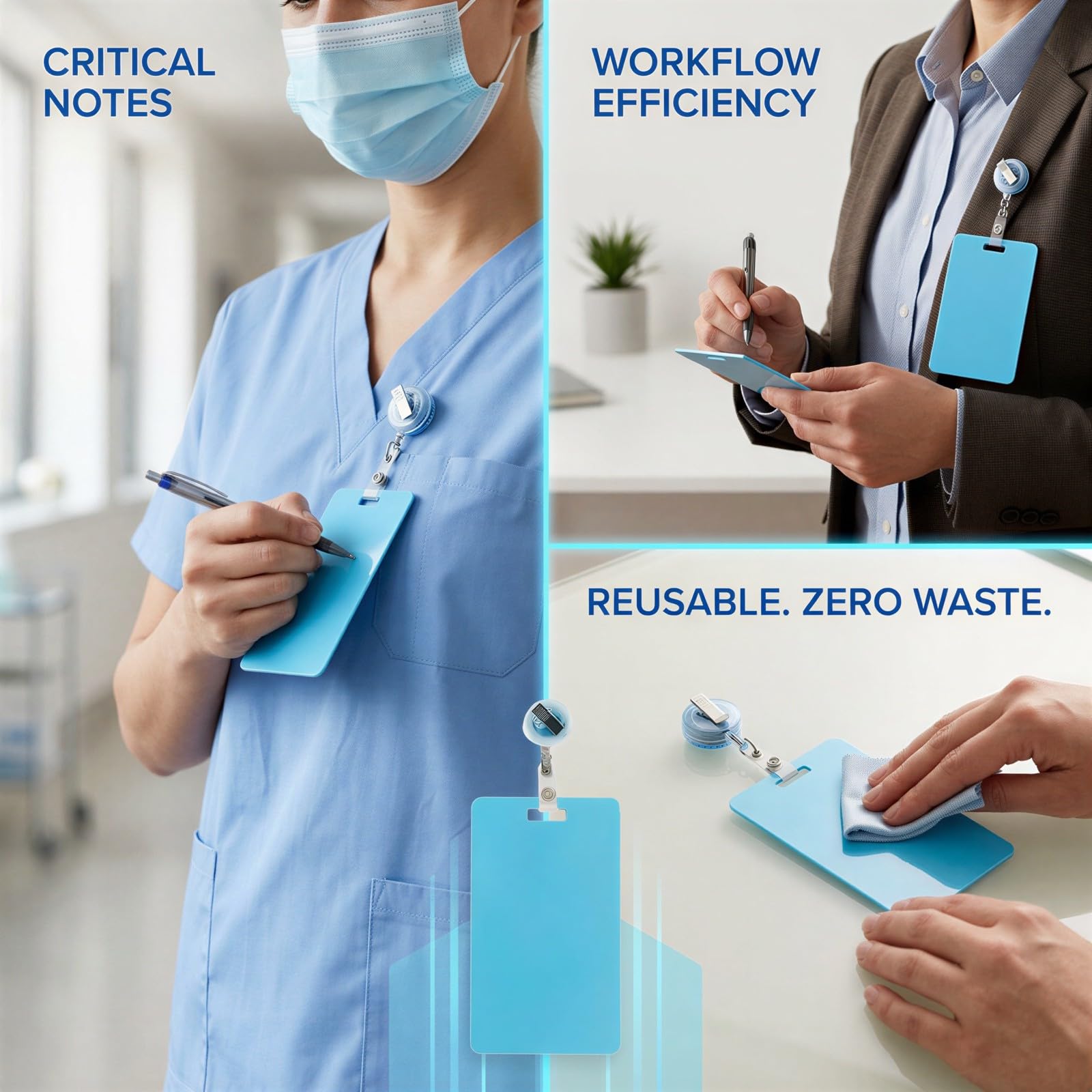 Lot de 4 notes de badge effaçables, cartes mémo réinscriptibles avec rouleaux rétractables, badge buddy vertical en silicone effaçable recto verso, pour infirmiers, médecins et personnel de bureau