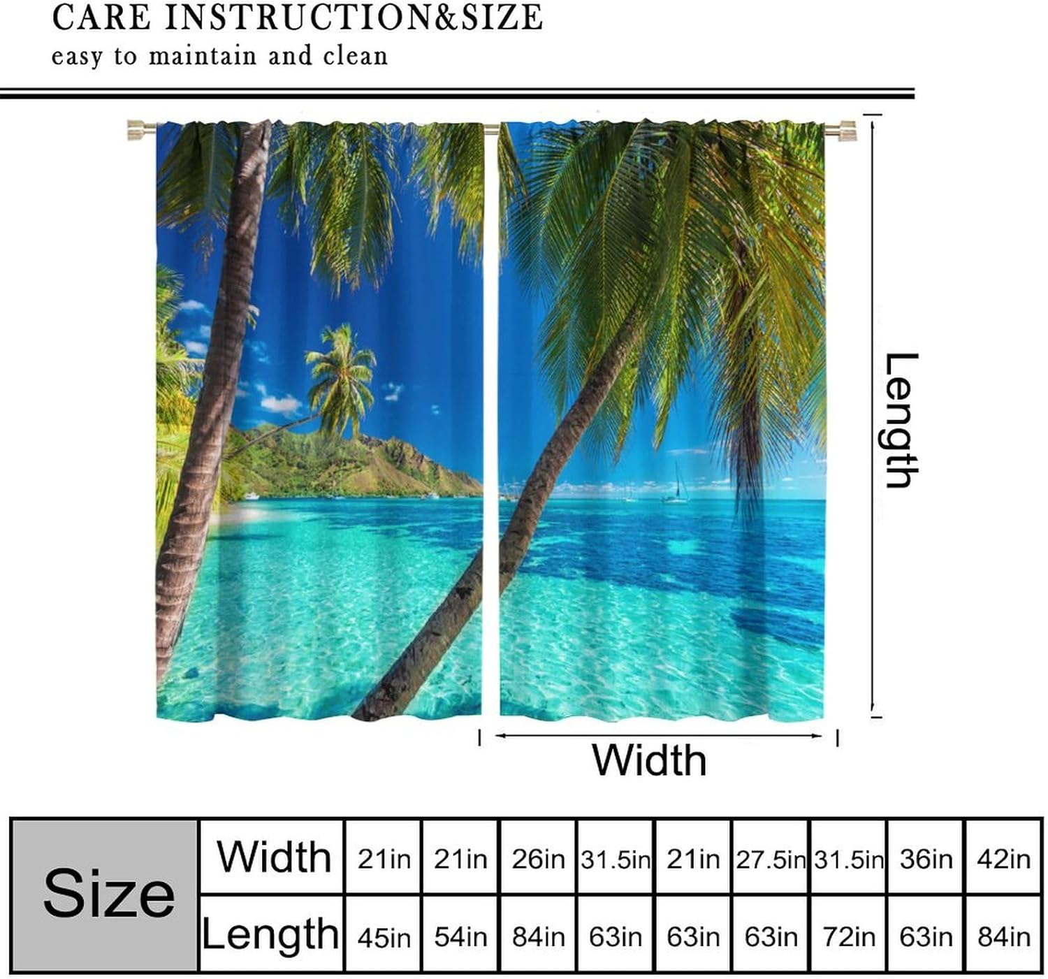 Ocean Curtain, Image of A Tropical Island with The Palm Trees and Clear Sea Beach Theme Printed Bedroom Living Room Blackout Curtains,Turquoise Blue 42" W X 45" L